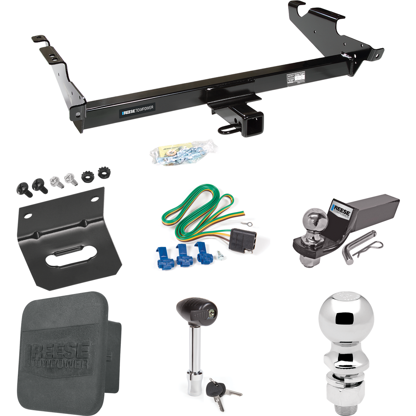 Fits 1996-1996 Chevrolet G30 Trailer Hitch Tow PKG w/ 4-Flat Wiring + Starter Kit Ball Mount w/ 2" Drop & 2" Ball + 2-5/16" Ball + Wiring Bracket + Hitch Lock + Hitch Cover (For Classic & Sport w/Lo-Mount Taillights Models) By Reese Towpower