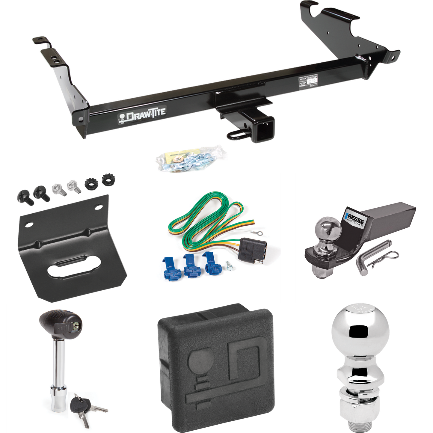 Fits 1996-1996 Chevrolet G30 Trailer Hitch Tow PKG w/ 4-Flat Wiring + Starter Kit Ball Mount w/ 2" Drop & 2" Ball + 2-5/16" Ball + Wiring Bracket + Hitch Lock + Hitch Cover (For Classic & Sport w/Lo-Mount Taillights Models) By Draw-Tite