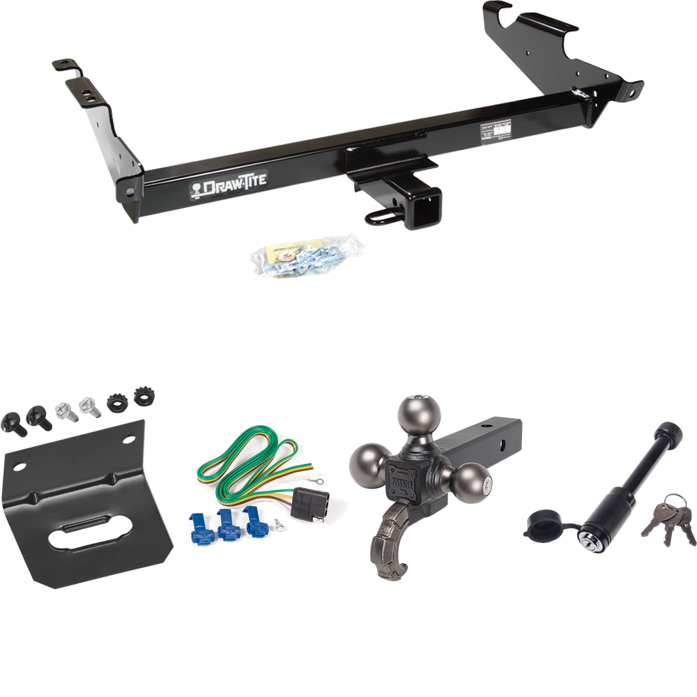 Fits 1979-1995 GMC G2500 Trailer Hitch Tow PKG w/ 4-Flat Wiring + Triple Ball Tactical Ball Mount 1-7/8" & 2" & 2-5/16" Balls w/ Tow Hook + Tactical Dogbone Lock + Wiring Bracket By Draw-Tite