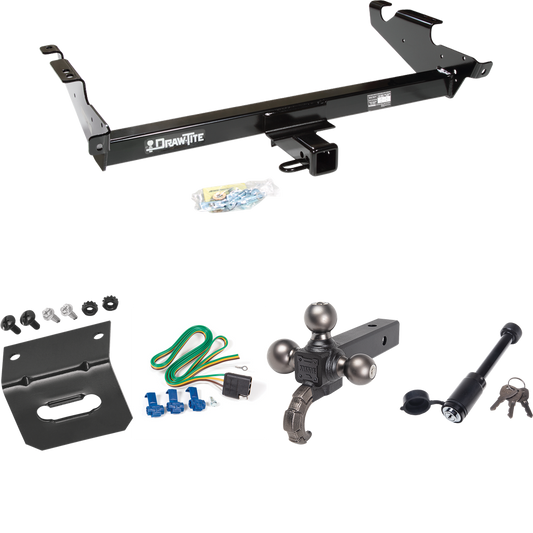 Fits 1979-1995 GMC G2500 Trailer Hitch Tow PKG w/ 4-Flat Wiring + Triple Ball Tactical Ball Mount 1-7/8" & 2" & 2-5/16" Balls w/ Tow Hook + Tactical Dogbone Lock + Wiring Bracket By Draw-Tite