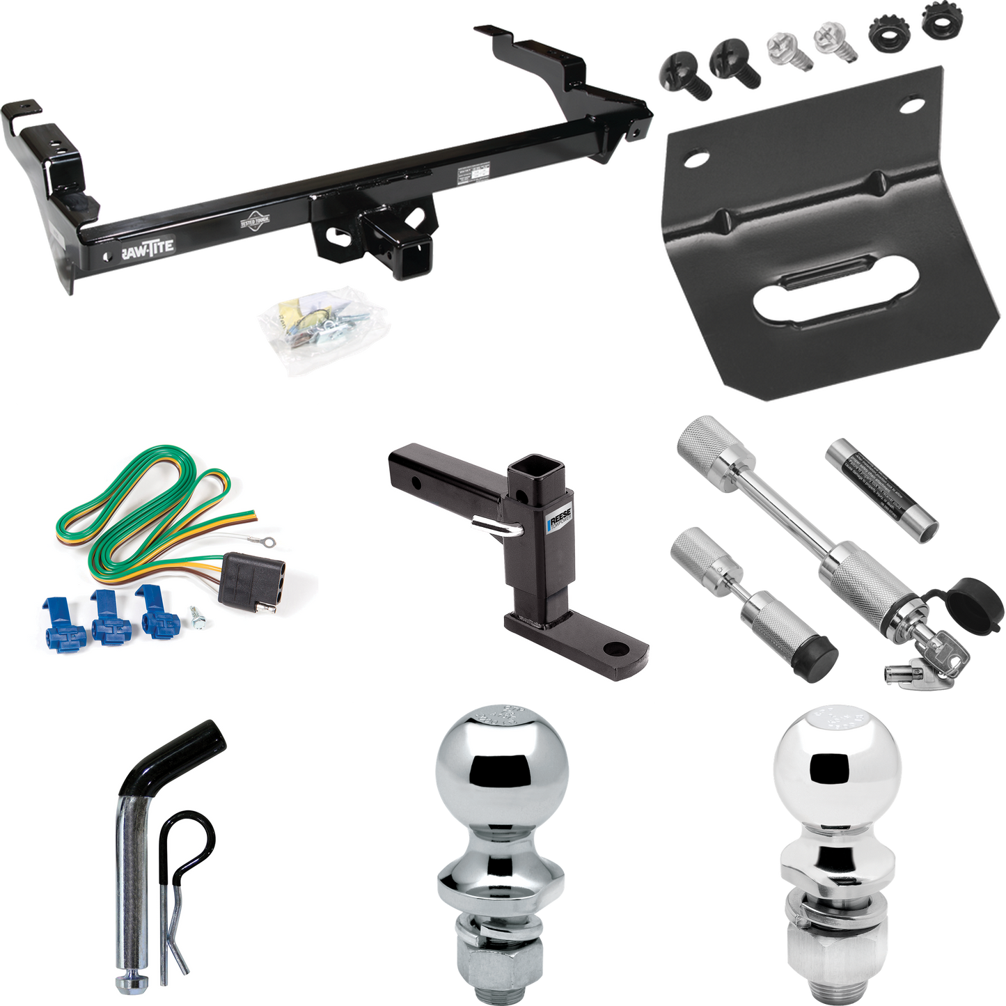 Fits 1978-1995 Chevrolet G10 Trailer Hitch Tow PKG w/ 4-Flat Wiring Harness + Adjustable Drop Rise Ball Mount + Pin/Clip + 2" Ball + 1-7/8" Ball + Dual Hitch & Coupler Locks By Draw-Tite