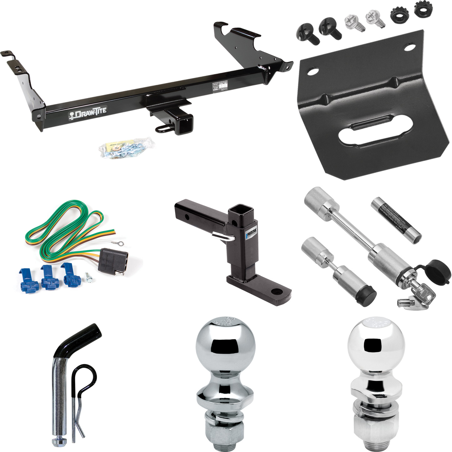 Fits 1978-1995 Chevrolet G10 Trailer Hitch Tow PKG w/ 4-Flat Wiring Harness + Adjustable Drop Rise Ball Mount + Pin/Clip + 2" Ball + 1-7/8" Ball + Dual Hitch & Coupler Locks By Draw-Tite