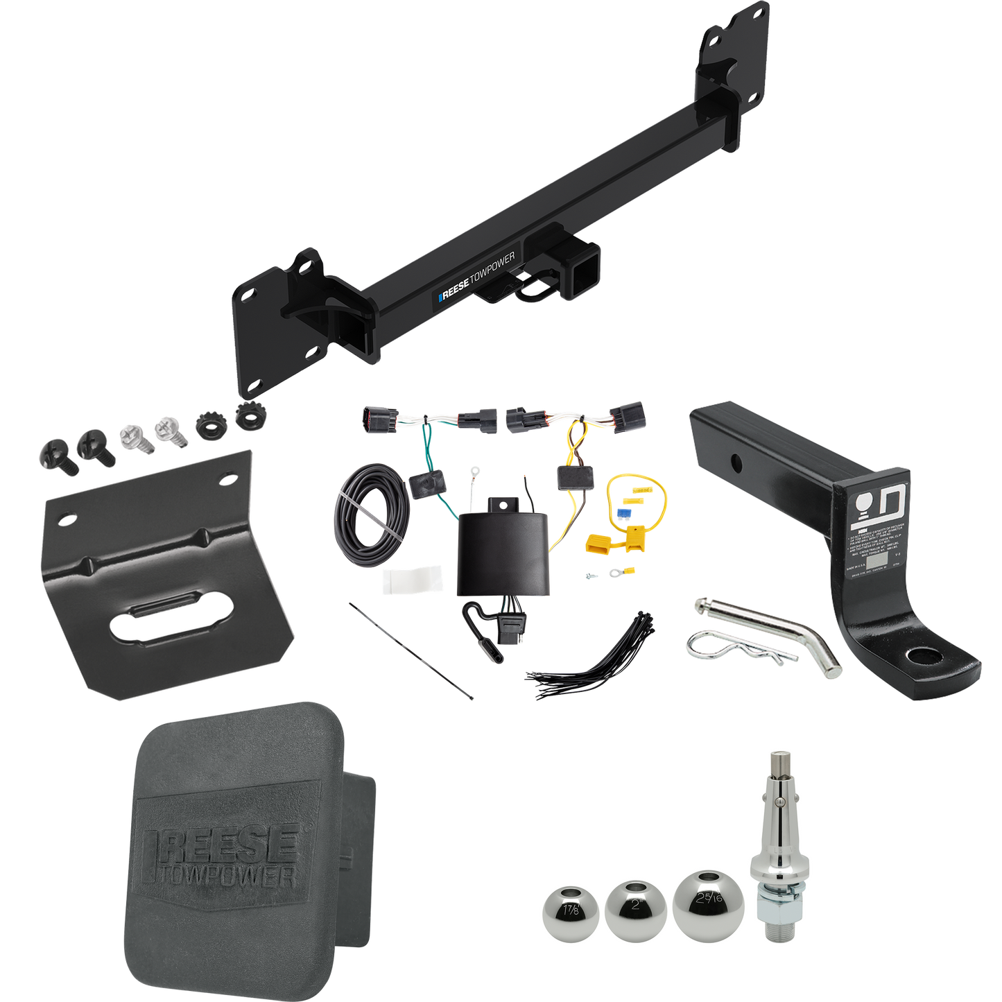 Se adapta al paquete de enganche de remolque Land Rover Range Rover Velar 2018-2022 con cableado plano de 4 + soporte de bola con caída de 4" + bola intercambiable de 1-7/8" y 2" y 2-5/16" + soporte de cableado + Cubierta de enganche de Reese Towpower