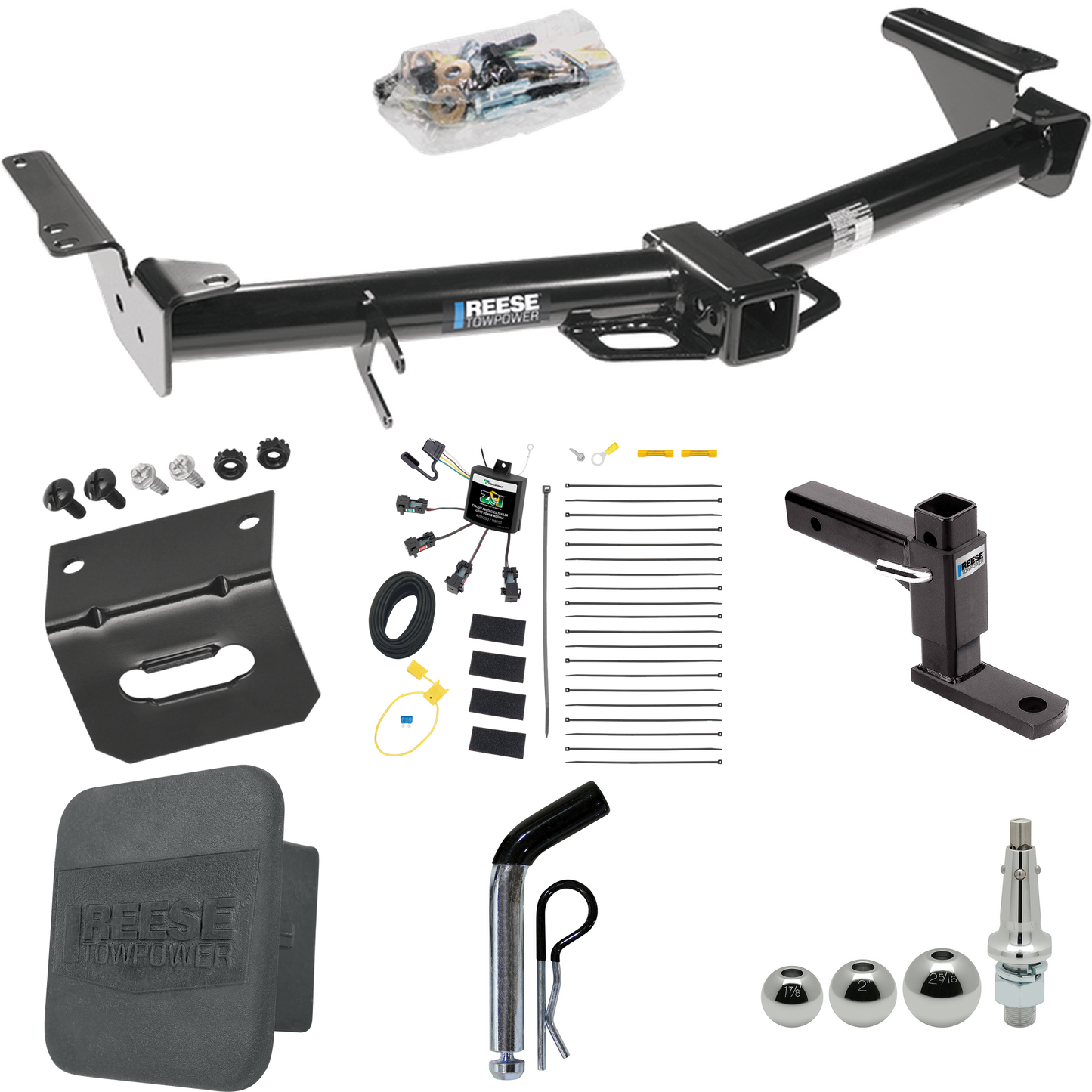 Fits 2007-2009 Toyota 4Runner Trailer Hitch Tow PKG w/ 4-Flat Zero Contact "No Splice" Wiring + Adjustable Drop Rise Ball Mount + Pin/Clip + Inerchangeable 1-7/8" & 2" & 2-5/16" Balls + Wiring Bracket + Hitch Cover By Reese Towpower