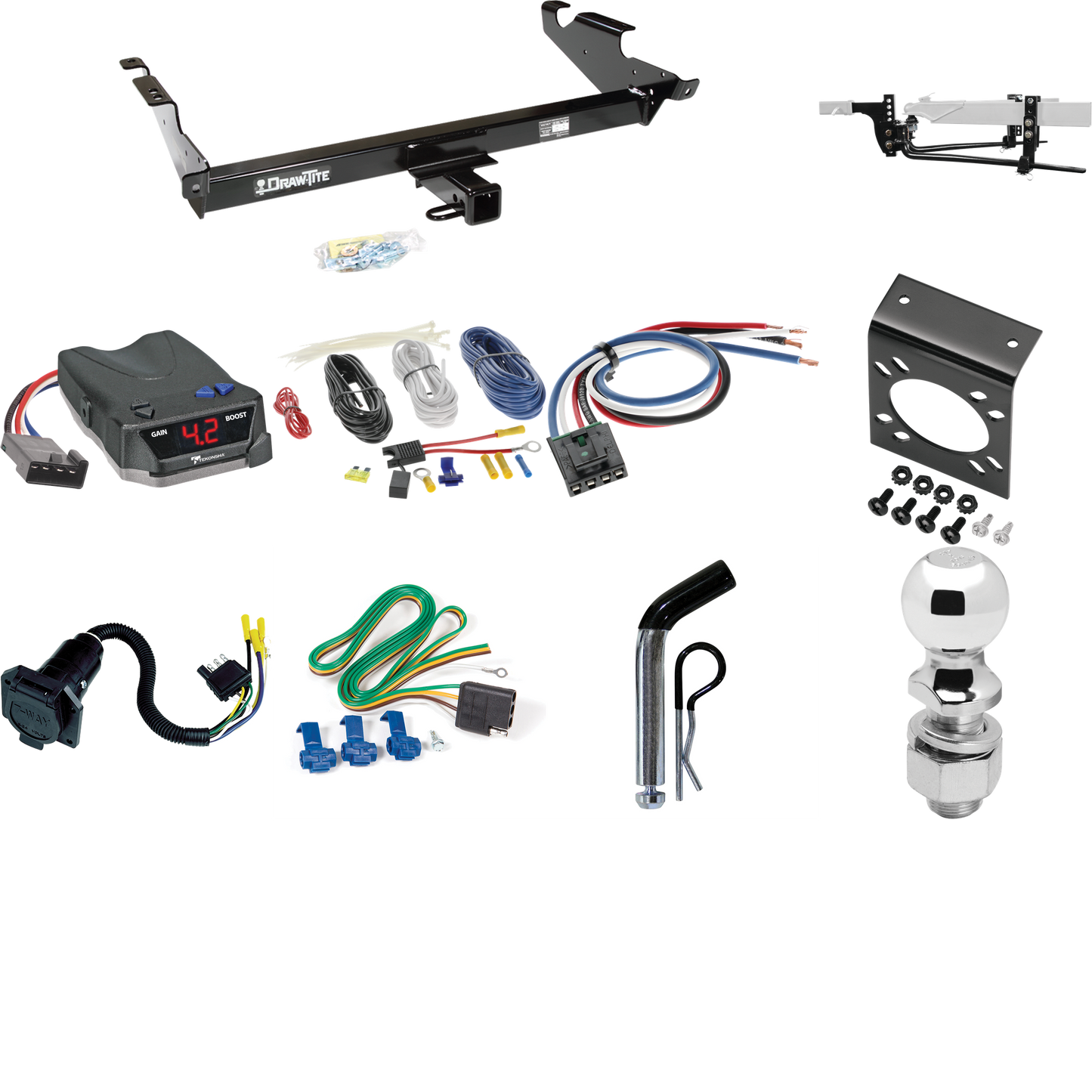 Fits 1978-1995 Chevrolet G10 Trailer Hitch Tow PKG w/ 8K Round Bar Weight Distribution Hitch w/ 2-5/16" Ball + 2" Ball + Pin/Clip + Tekonsha BRAKE-EVN Brake Control + Generic BC Wiring Adapter + 7-Way RV Wiring By Draw-Tite