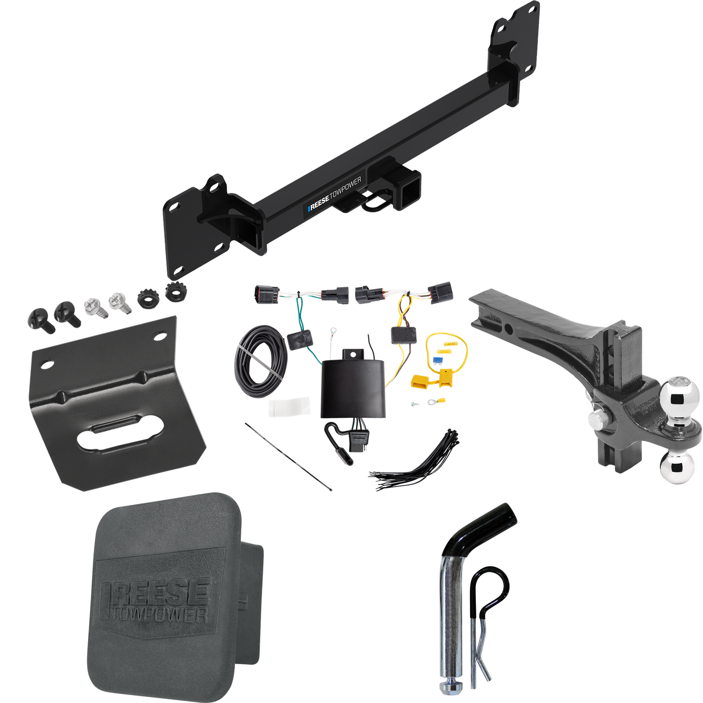 Fits 2018-2022 Land Rover Range Rover Velar Trailer Hitch Tow PKG w/ 4-Flat Wiring + Dual Adjustable Drop Rise Ball Ball Mount 2" & 2-5/16" Trailer Balls + Pin/Clip + Wiring Bracket + Hitch Cover By Reese Towpower