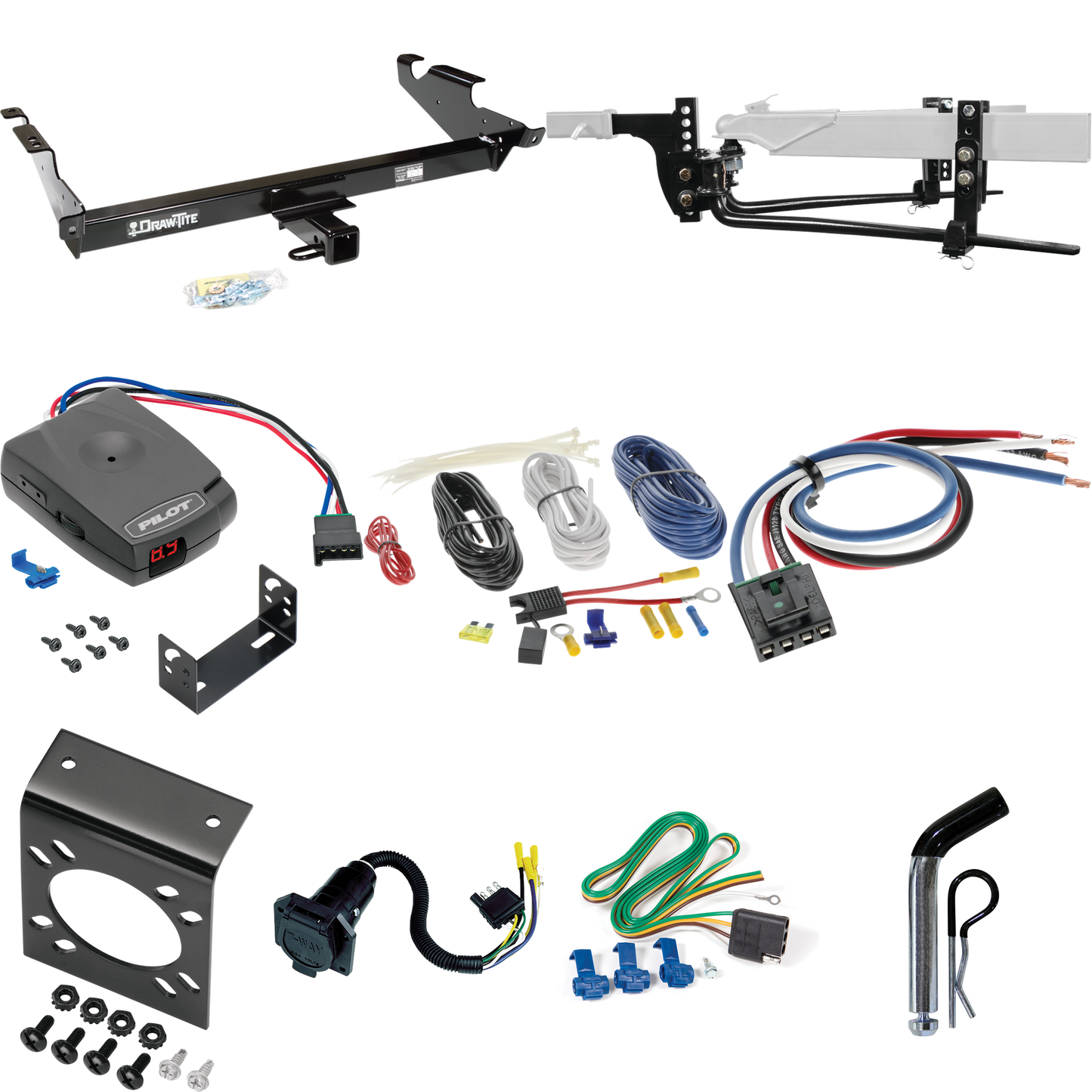 Fits 1978-1995 Chevrolet G10 Trailer Hitch Tow PKG w/ 8K Round Bar Weight Distribution Hitch w/ 2-5/16" Ball + Pin/Clip + Pro Series Pilot Brake Control + Generic BC Wiring Adapter + 7-Way RV Wiring By Draw-Tite