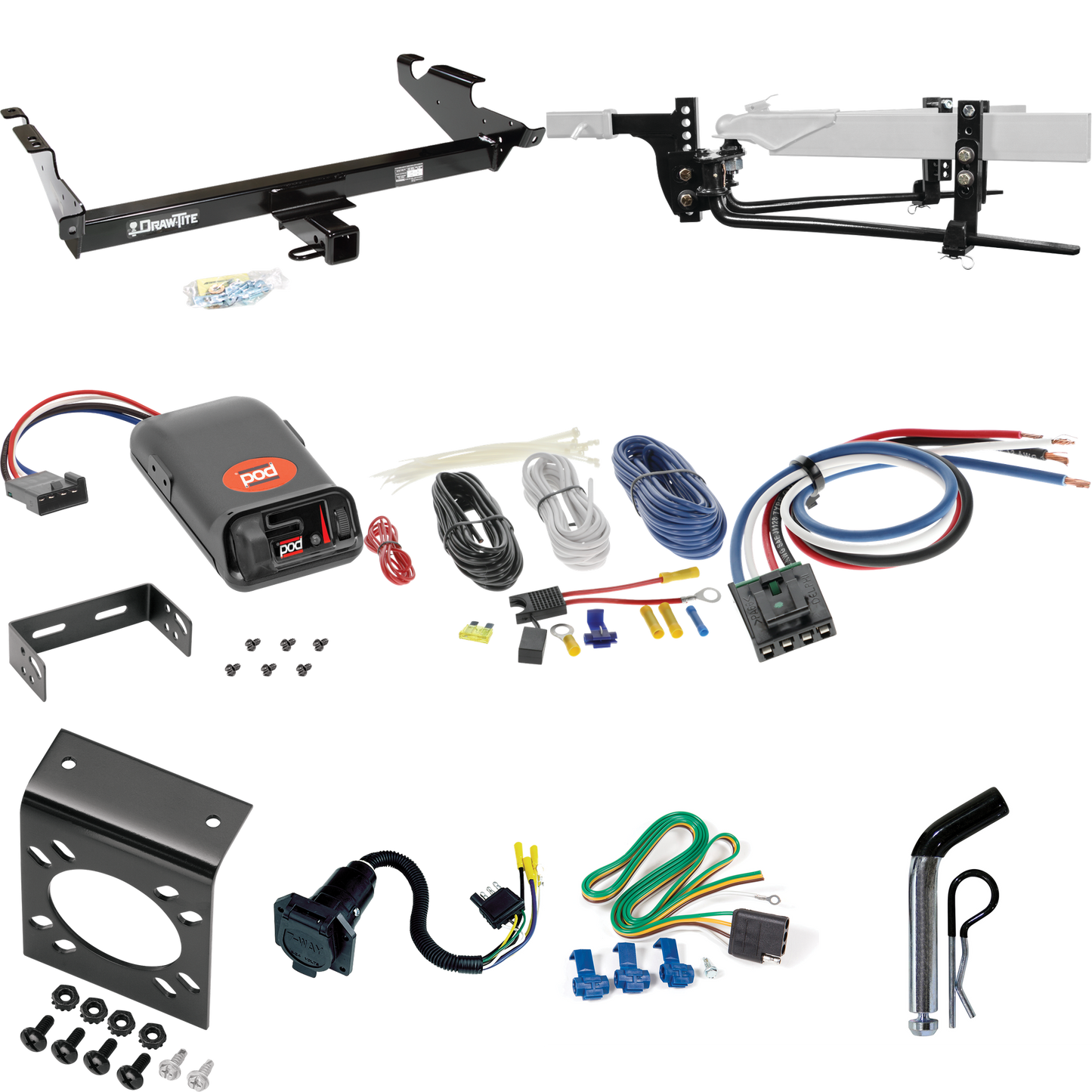 Fits 1979-1995 GMC G2500 Trailer Hitch Tow PKG w/ 8K Round Bar Weight Distribution Hitch w/ 2-5/16" Ball + Pin/Clip + Pro Series POD Brake Control + Generic BC Wiring Adapter + 7-Way RV Wiring By Draw-Tite