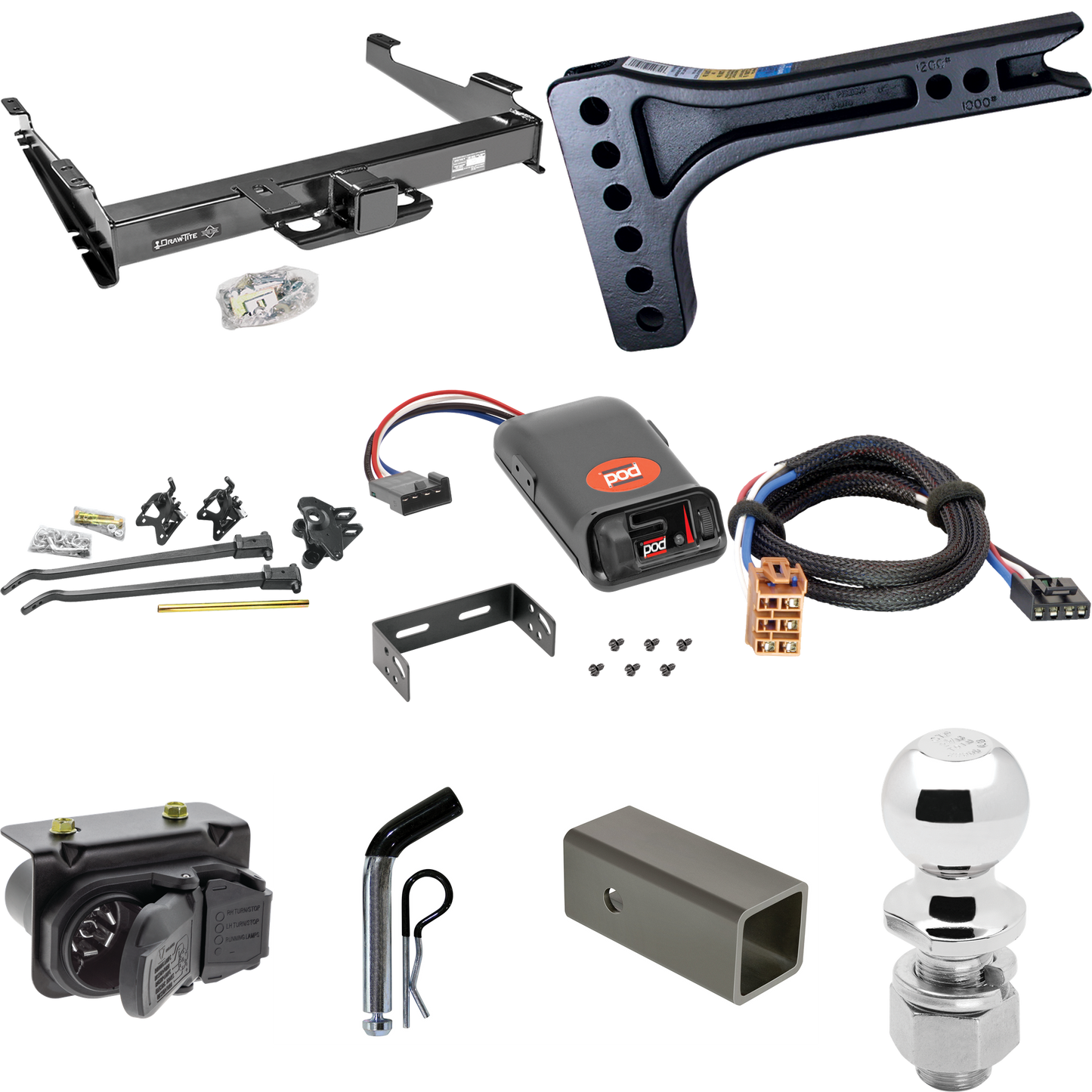 Fits 2000-2002 Chevrolet Suburban 2500 Trailer Hitch Tow PKG w/ 15K Trunnion Bar Weight Distribution Hitch + Pin/Clip + 2-5/16" Ball + Pro Series POD Brake Control + Plug & Play BC Adapter + 7-Way RV Wiring (For w/Amber Turn Signals Models) By Draw-T