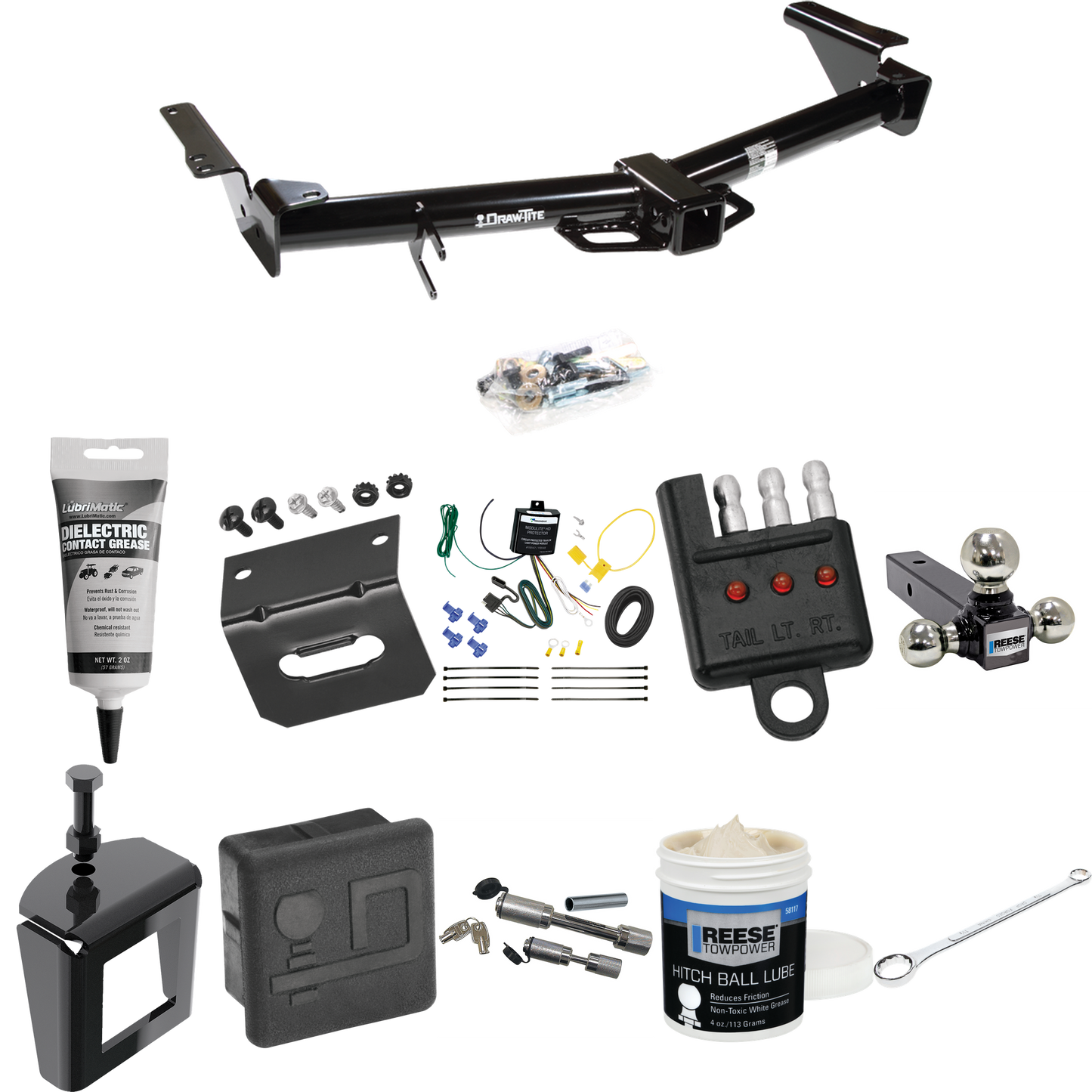 Fits 2003-2009 Lexus GX470 Trailer Hitch Tow PKG w/ 4-Flat Wiring + Triple Ball Ball Mount 1-7/8" & 2" & 2-5/16" Trailer Balls + Wiring Bracket + Hitch Cover + Dual Hitch & Coupler Locks + Wiring Tester + Ball Lube + Electric Grease + Ball Wrench + A