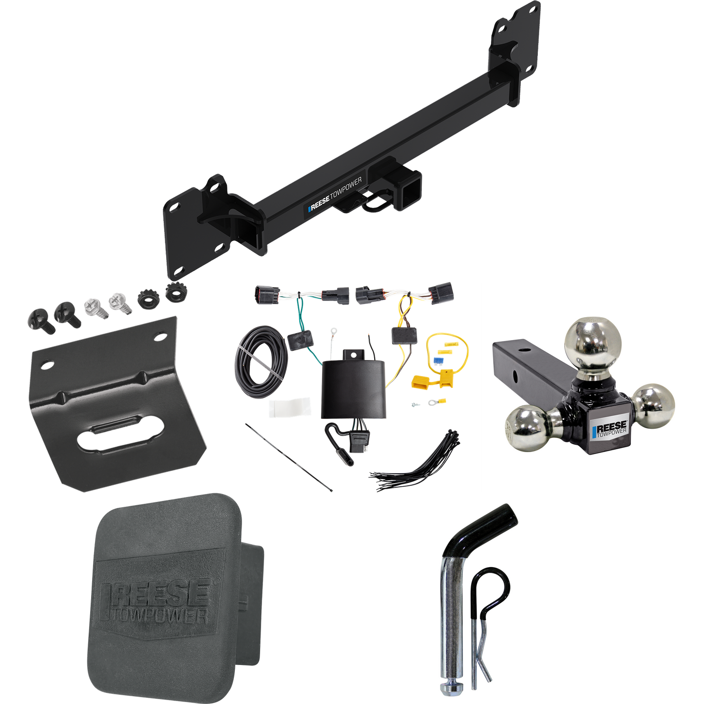 Fits 2018-2022 Land Rover Range Rover Velar Trailer Hitch Tow PKG w/ 4-Flat Wiring + Triple Ball Ball Mount 1-7/8" & 2" & 2-5/16" Trailer Balls + Pin/Clip + Wiring Bracket + Hitch Cover By Reese Towpower