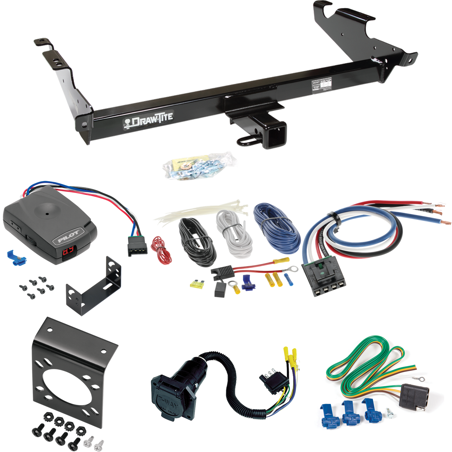 Fits 1978-1995 Chevrolet G30 Trailer Hitch Tow PKG w/ Pro Series Pilot Brake Control + Generic BC Wiring Adapter + 7-Way RV Wiring By Draw-Tite