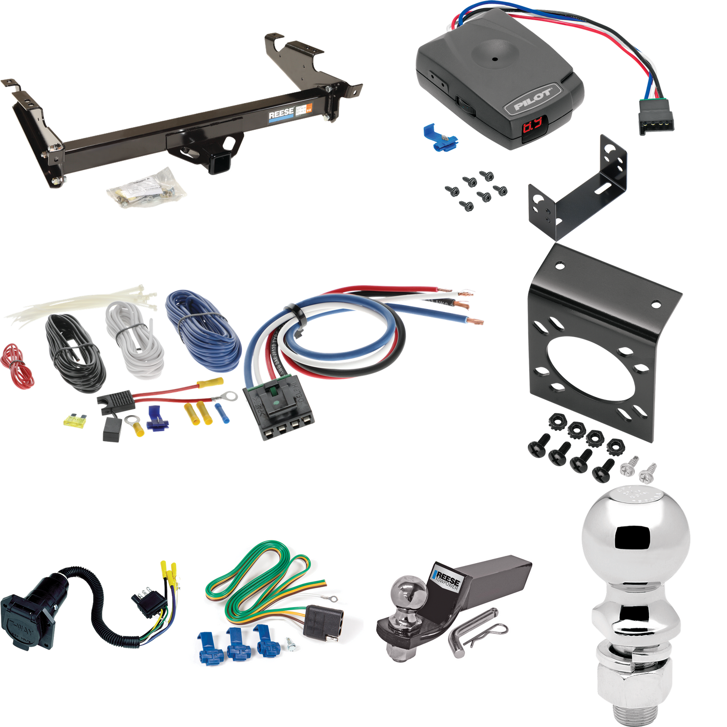 Fits 1996-1996 GMC G3500 Trailer Hitch Tow PKG w/ Pro Series Pilot Brake Control + Generic BC Wiring Adapter + 7-Way RV Wiring + 2" & 2-5/16" Ball & Drop Mount (For Vandura & Rally w/Lo-Mount Taillights Models) By Reese Towpower