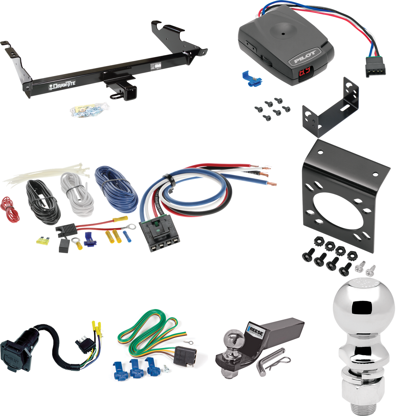 Fits 1996-1996 GMC G3500 Trailer Hitch Tow PKG w/ Pro Series Pilot Brake Control + Generic BC Wiring Adapter + 7-Way RV Wiring + 2" & 2-5/16" Ball & Drop Mount (For Vandura & Rally w/Lo-Mount Taillights Models) By Draw-Tite