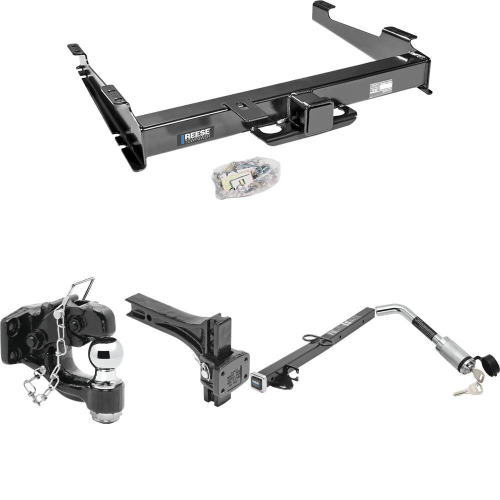 Fits 2000-2002 Chevrolet Suburban 2500 Trailer Hitch Tow PKG w/ 2-1/2" to 2" Adapter 24" Length + Adjustable Pintle Hook Mounting Plate + Pintle Hook & 2" Ball Combination + Hitch Lock (For w/Amber Turn Signals Models) By Reese Towpower