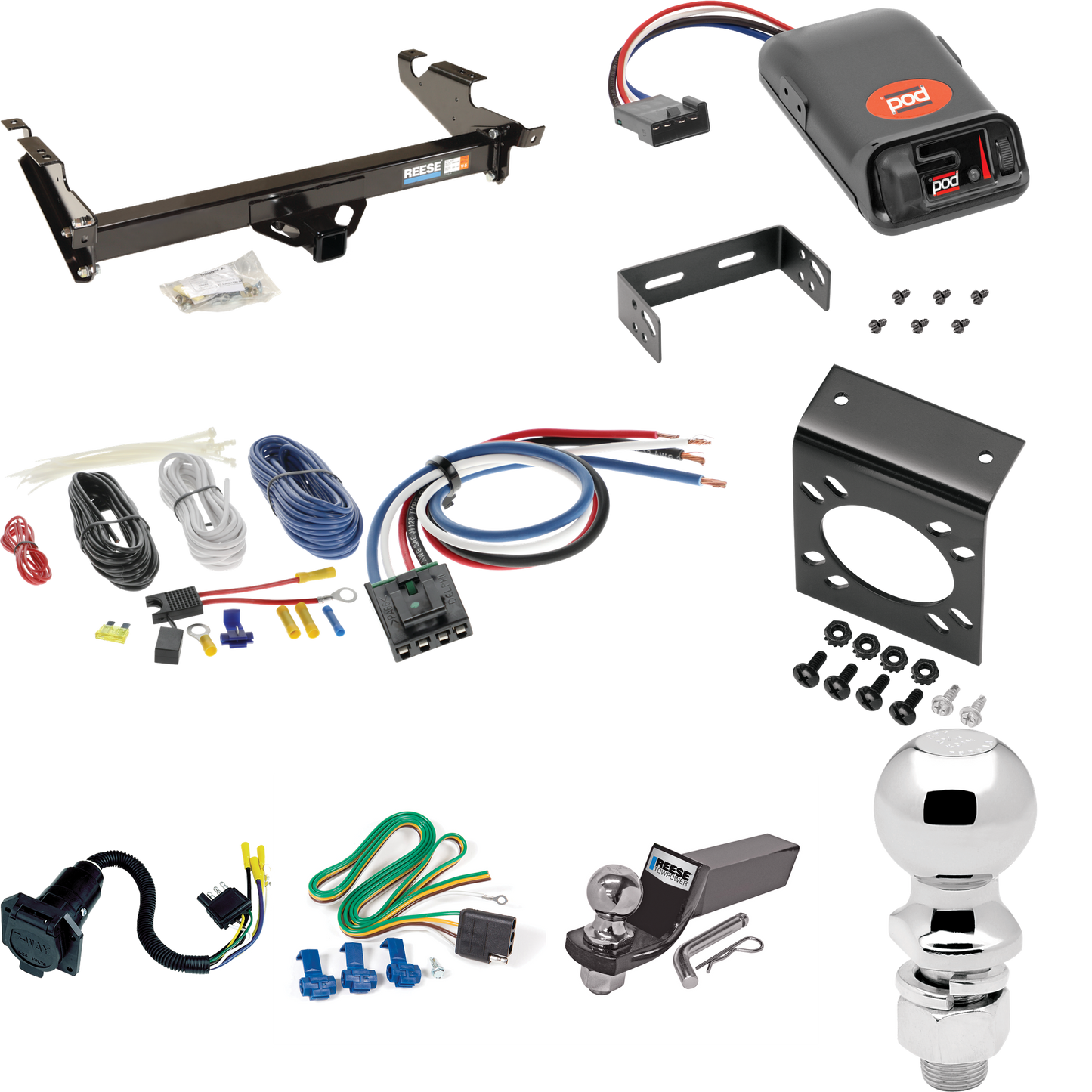 Fits 1978-1995 Chevrolet G20 Trailer Hitch Tow PKG w/ Pro Series POD Brake Control + Generic BC Wiring Adapter + 7-Way RV Wiring + 2" & 2-5/16" Ball & Drop Mount By Reese Towpower