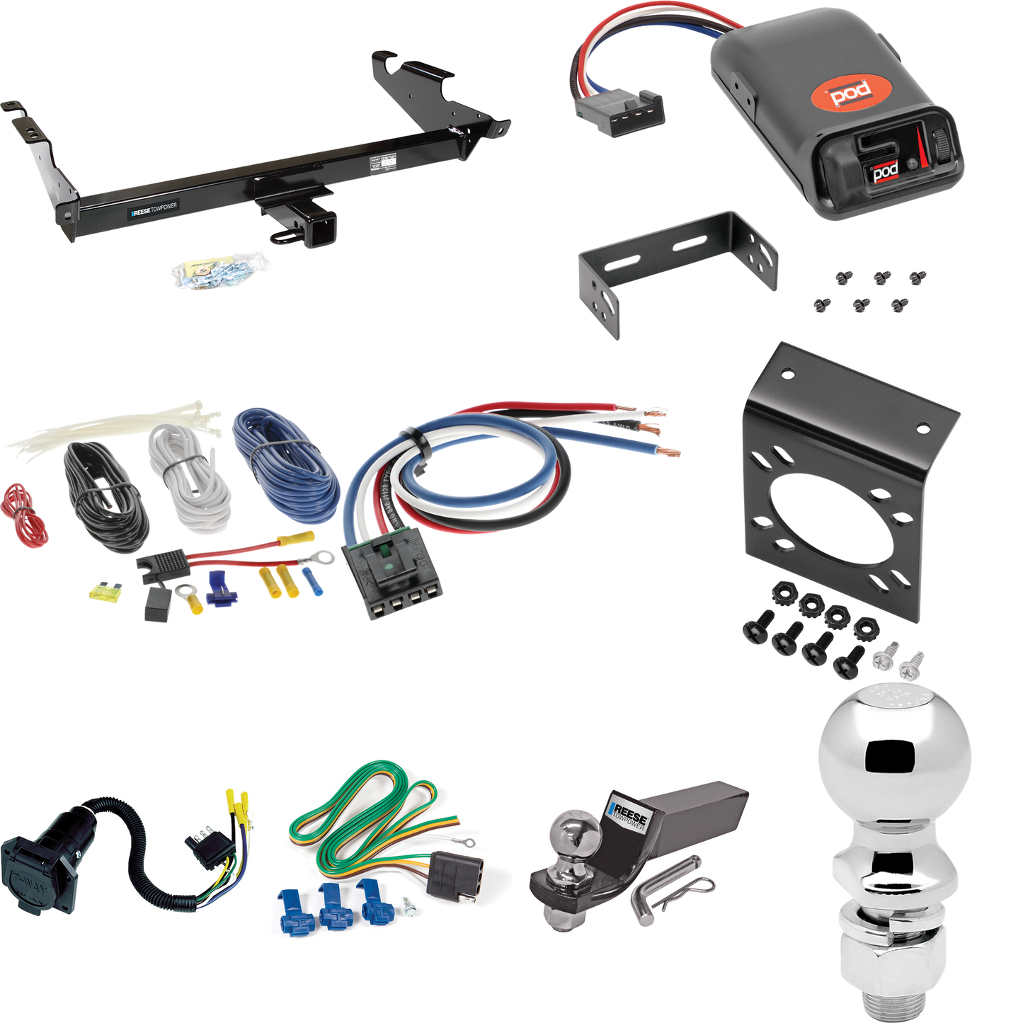 Se adapta al paquete de enganche de remolque Chevrolet G30 1978-1995 con control de freno POD serie Pro + adaptador de cableado BC genérico + cableado RV de 7 vías + soporte de bola y caída de 2" y 2-5/16" de Reese Towpower