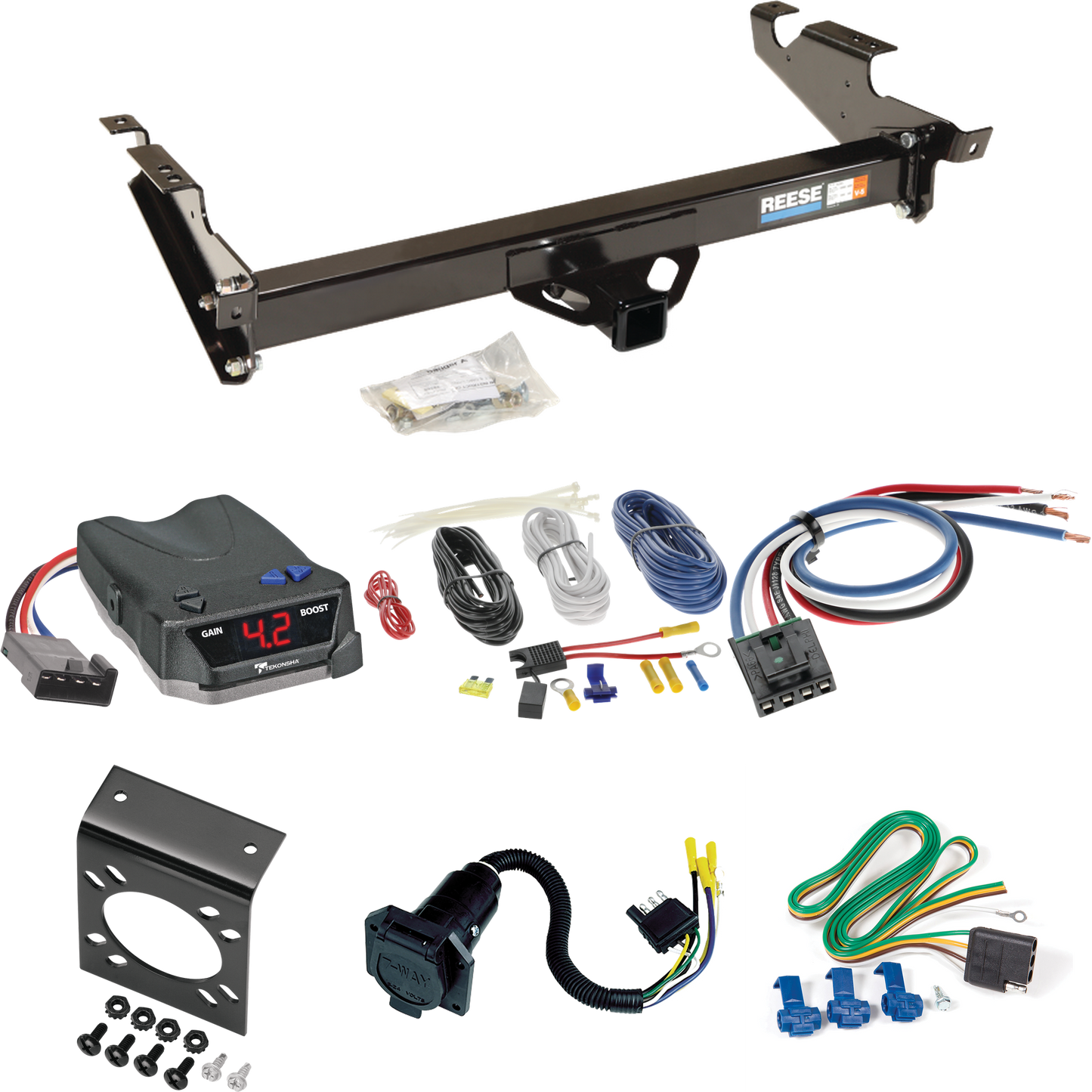 Fits 1978-1995 Chevrolet G20 Trailer Hitch Tow PKG w/ Tekonsha BRAKE-EVN Brake Control + Generic BC Wiring Adapter + 7-Way RV Wiring By Reese Towpower