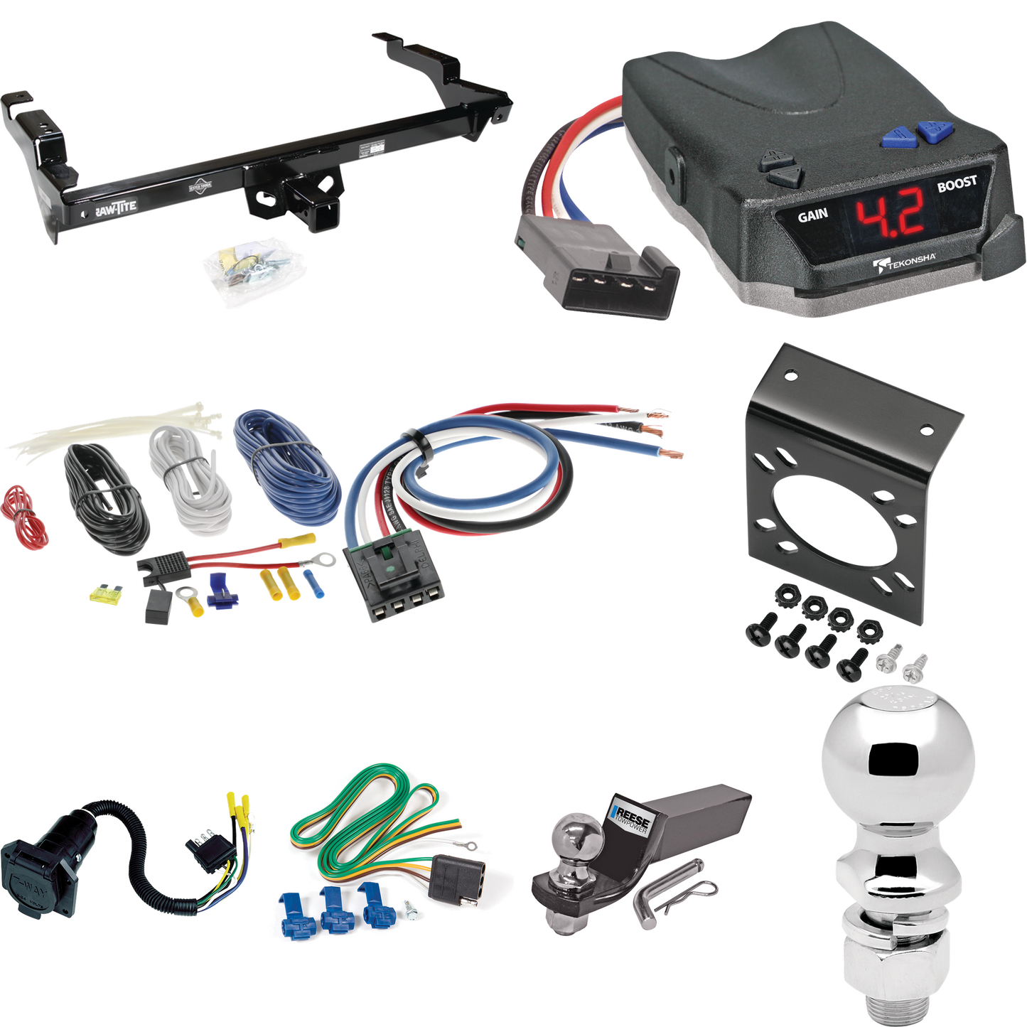 Fits 1979-1995 GMC G2500 Trailer Hitch Tow PKG w/ Tekonsha BRAKE-EVN Brake Control + Generic BC Wiring Adapter + 7-Way RV Wiring + 2" & 2-5/16" Ball & Drop Mount By Draw-Tite