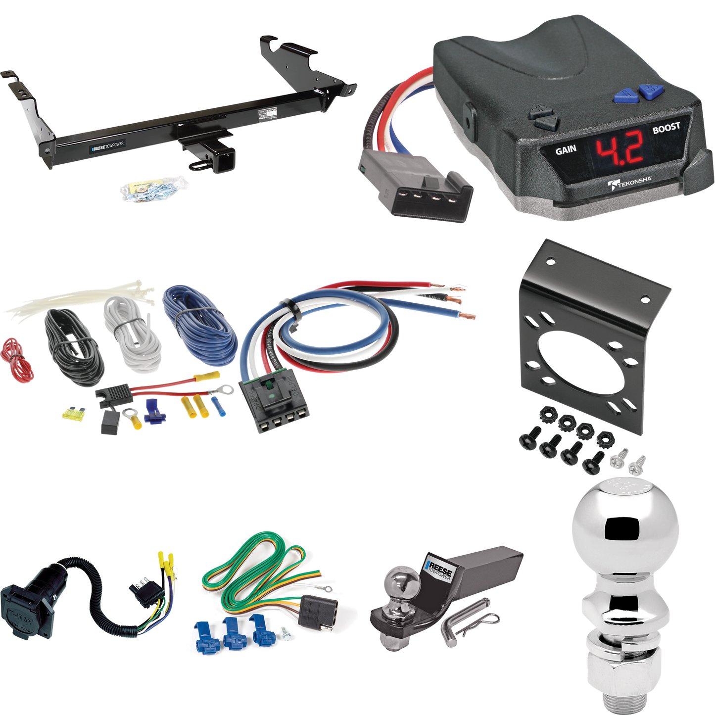 Se adapta al paquete de enganche de remolque Chevrolet G30 1978-1995 con control de freno Tekonsha BRAKE-EVN + adaptador de cableado BC genérico + cableado RV de 7 vías + soporte de bola y caída de 2" y 2-5/16" de Reese Towpower