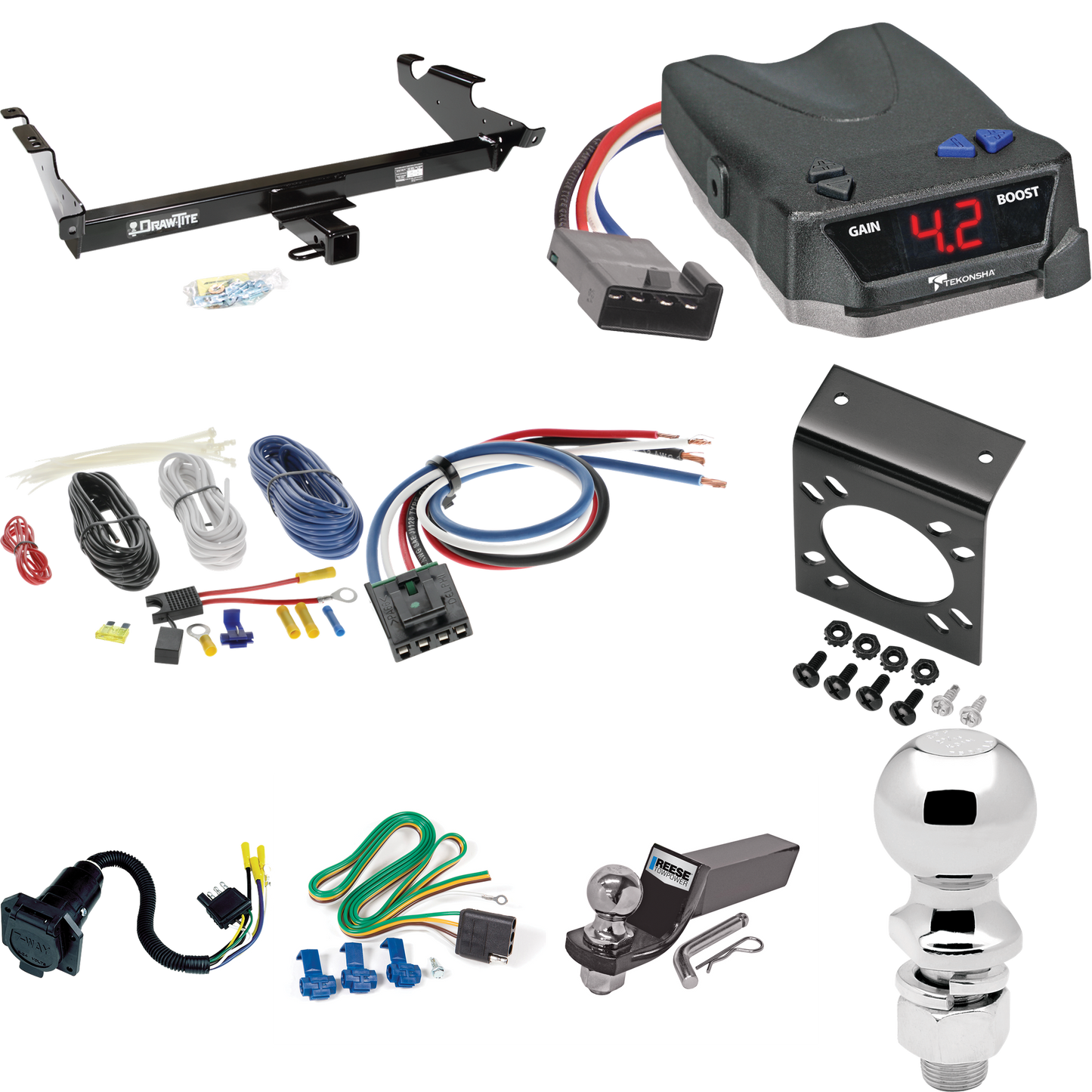 Fits 1979-1995 GMC G2500 Trailer Hitch Tow PKG w/ Tekonsha BRAKE-EVN Brake Control + Generic BC Wiring Adapter + 7-Way RV Wiring + 2" & 2-5/16" Ball & Drop Mount By Draw-Tite