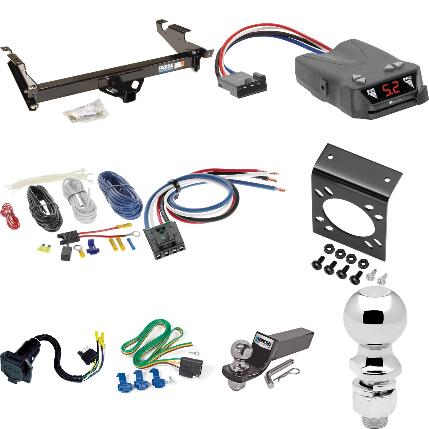 Se adapta al paquete de enganche de remolque Chevrolet G20 1978-1995 con control de freno Tekonsha Brakeman IV + adaptador de cableado BC genérico + cableado RV de 7 vías + soporte de bola y caída de 2" y 2-5/16" de Reese Towpower