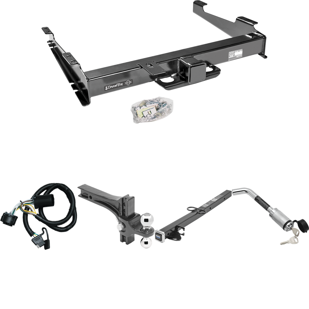 Fits 2000-2006 GMC Yukon XL 2500 Trailer Hitch Tow PKG w/ 4-Flat Wiring Harness + 2-1/2" to 2" Adapter 24" Length + Adjustable Drop Rise Dual Ball Ball Mount 2" & 2-5/16" Trailer Balls + Hitch Lock By Draw-Tite