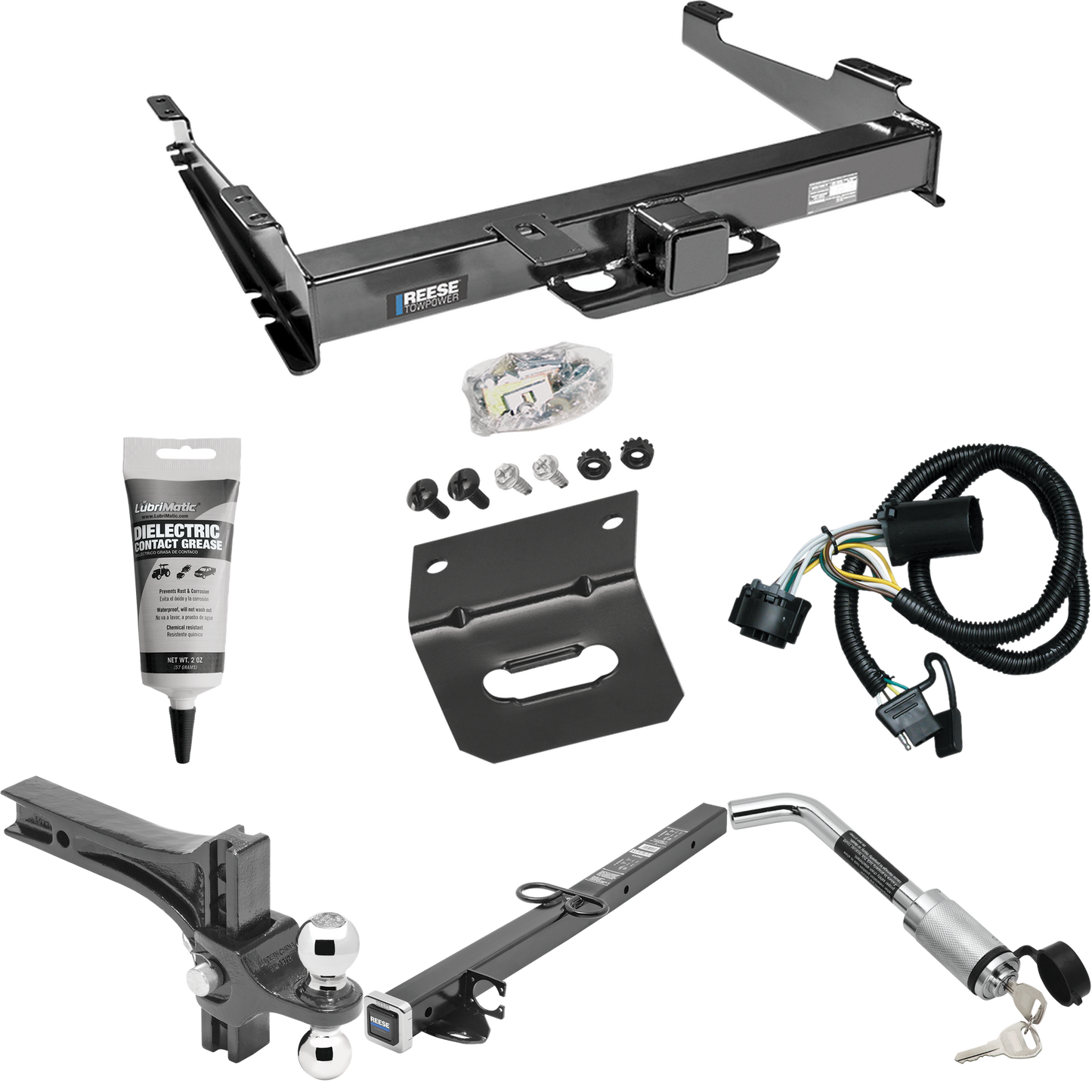 Fits 2000-2002 Chevrolet Suburban 2500 Trailer Hitch Tow PKG w/ 4-Flat Wiring Harness + 2-1/2" to 2" Adapter 24" Length + Adjustable Drop Rise Dual Ball Ball Mount 2" & 2-5/16" Trailer Balls + Hitch Lock + Wiring Bracket + Electric Grease (For w/Ambe