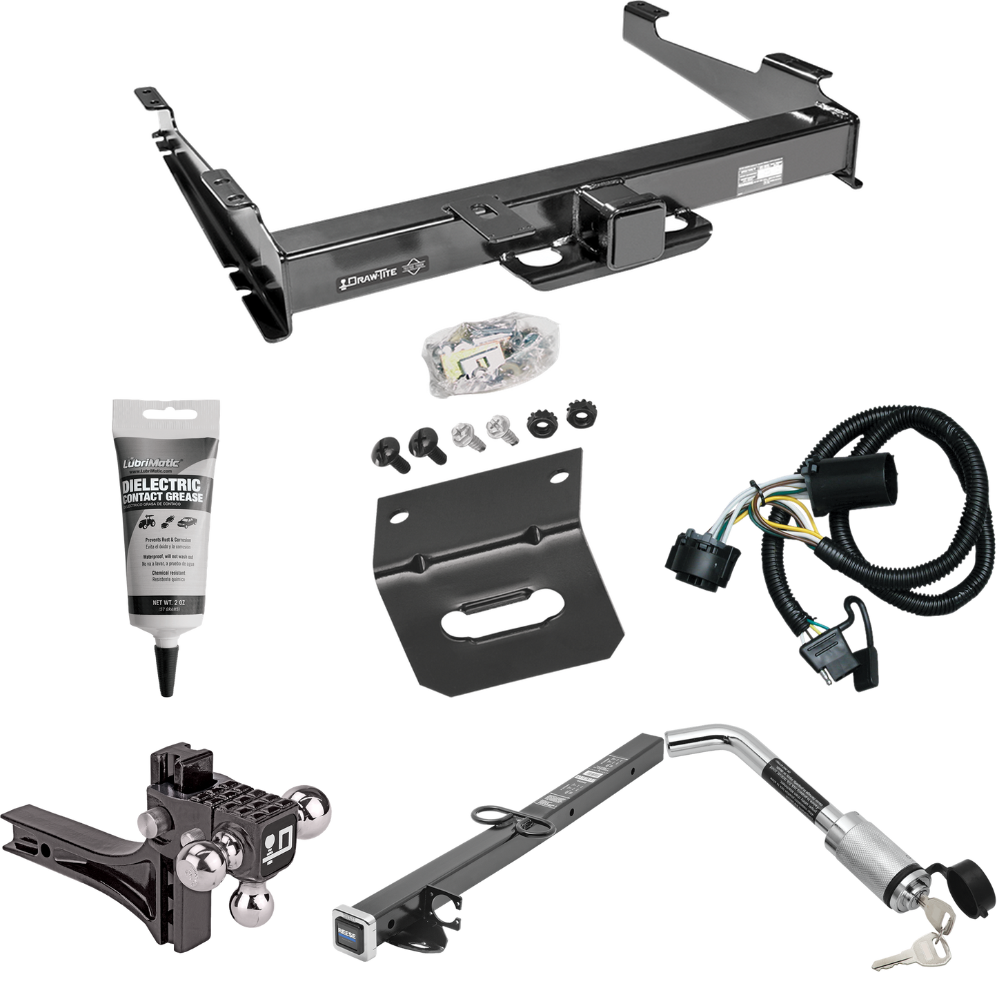 Fits 2000-2006 GMC Yukon XL 2500 Trailer Hitch Tow PKG w/ 4-Flat Wiring Harness + 2-1/2" to 2" Adapter 24" Length + Adjustable Drop Rise Triple Ball Ball Mount 1-7/8" & 2" & 2-5/16" Trailer Balls + Hitch Lock + Wiring Bracket + Electric Grease By Dra