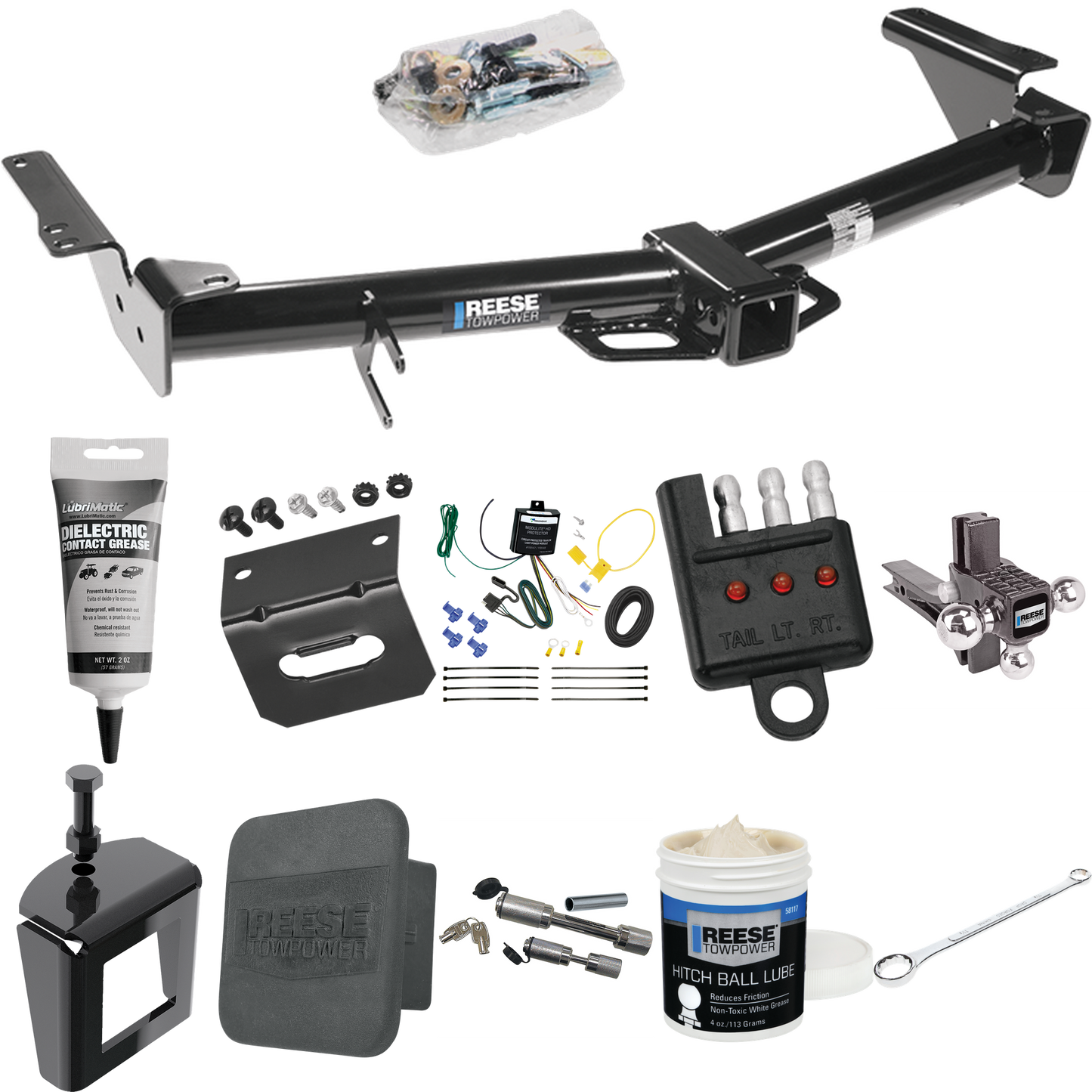 Fits 2003-2009 Lexus GX470 Trailer Hitch Tow PKG w/ 4-Flat Wiring + Adjustable Drop Rise Triple Ball Ball Mount 1-7/8" & 2" & 2-5/16" Trailer Balls + Wiring Bracket + Hitch Cover + Dual Hitch & Coupler Locks + Wiring Tester + Ball Lube + Electric Gre