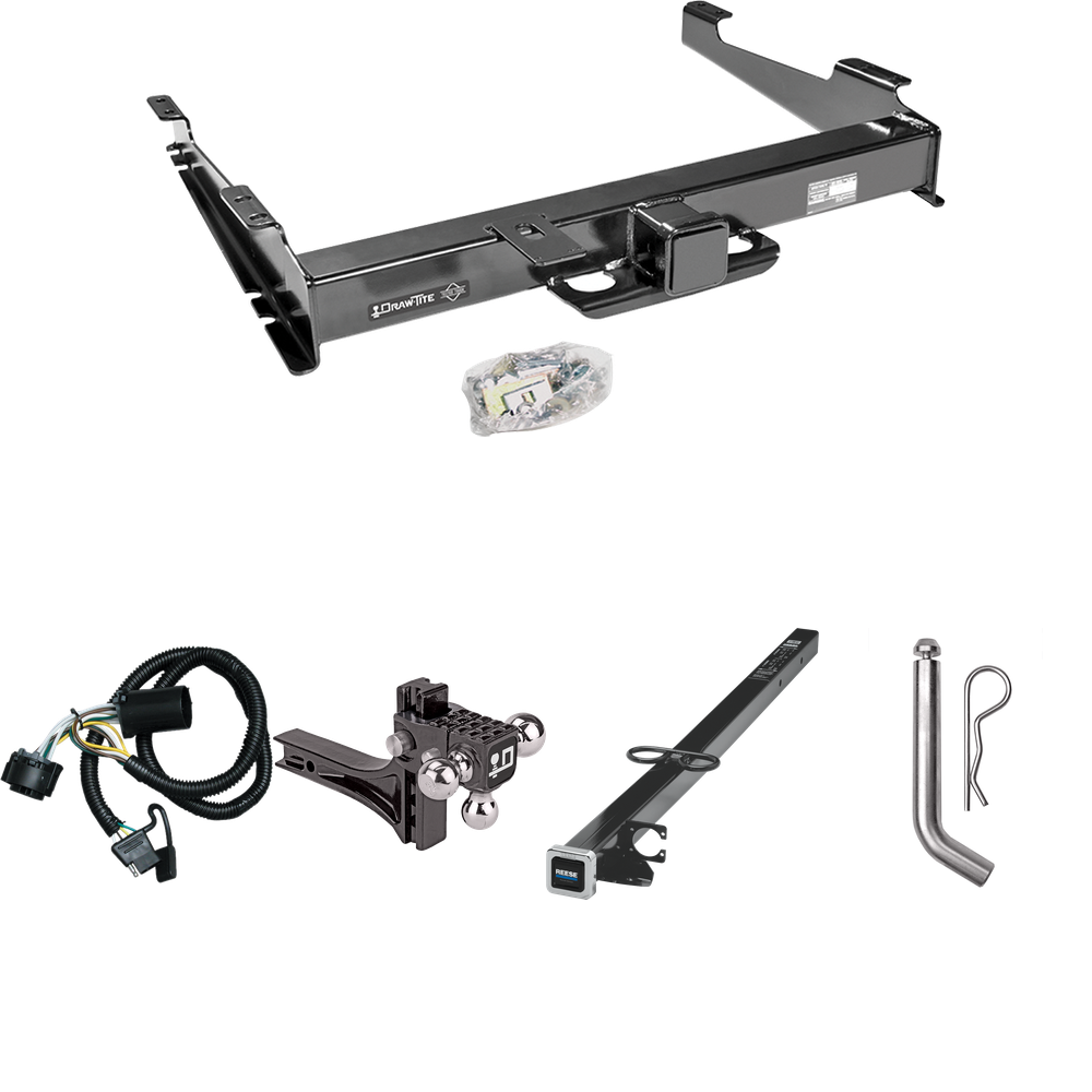 Fits 2000-2006 GMC Yukon XL 2500 Trailer Hitch Tow PKG w/ 4-Flat Wiring Harness + 2-1/2" to 2" Adapter 41" Length + Adjustable Drop Rise Triple Ball Ball Mount 1-7/8" & 2" & 2-5/16" Trailer Balls + Pin/Clip By Draw-Tite