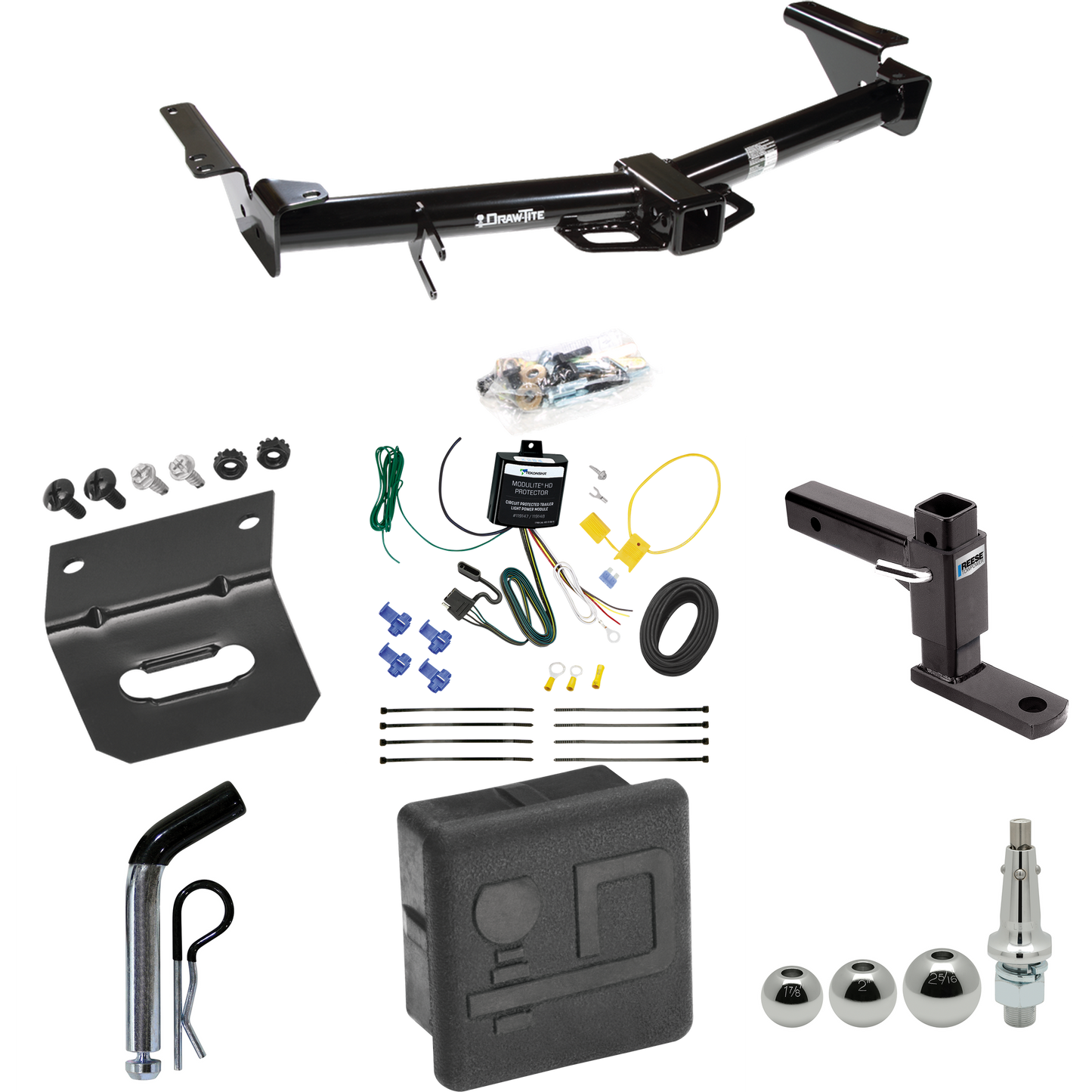 Fits 2003-2009 Lexus GX470 Trailer Hitch Tow PKG w/ 4-Flat Wiring + Adjustable Drop Rise Ball Mount + Pin/Clip + Inerchangeable 1-7/8" & 2" & 2-5/16" Balls + Wiring Bracket + Hitch Cover By Draw-Tite