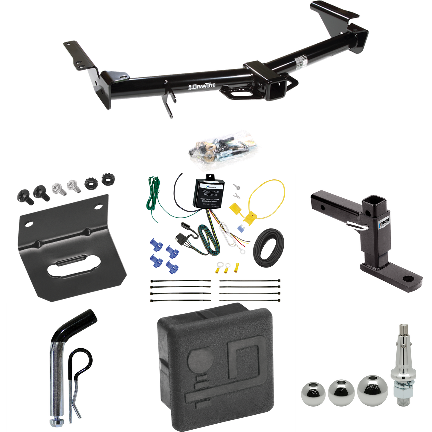 Fits 2007-2009 Toyota 4Runner Trailer Hitch Tow PKG w/ 4-Flat Wiring + Adjustable Drop Rise Ball Mount + Pin/Clip + Inerchangeable 1-7/8" & 2" & 2-5/16" Balls + Wiring Bracket + Hitch Cover By Draw-Tite