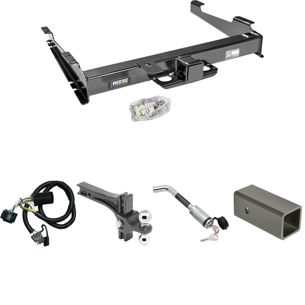 Fits 2000-2006 GMC Yukon XL 2500 Trailer Hitch Tow PKG w/ 4-Flat Wiring Harness + 2-1/2" to 2" Adapter 6" Length + Adjustable Drop Rise Dual Ball Ball Mount 2" & 2-5/16" Trailer Balls + Hitch Lock By Reese Towpower