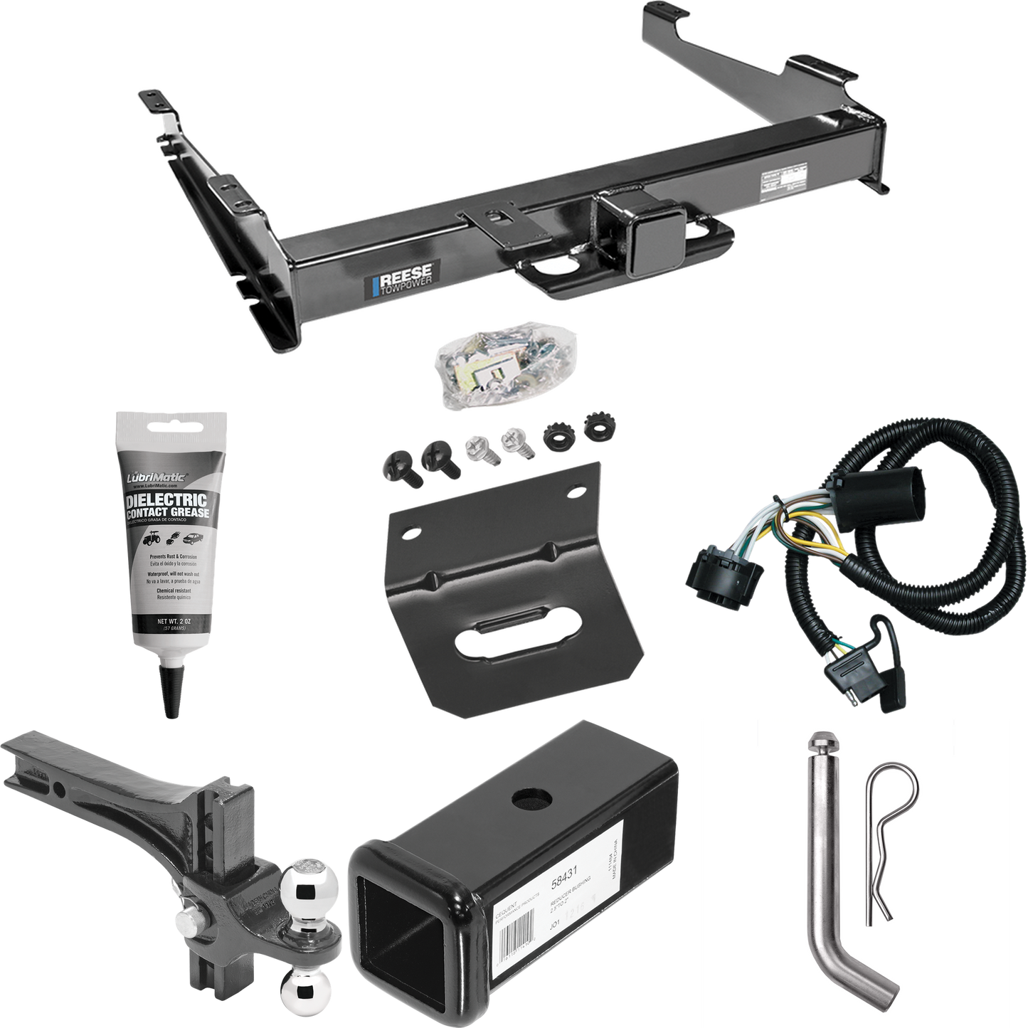 Fits 2000-2006 GMC Yukon XL 2500 Trailer Hitch Tow PKG w/ 4-Flat Wiring Harness + 2-1/2" to 2" Adapter 7" Length + Adjustable Drop Rise Dual Ball Ball Mount 2" & 2-5/16" Trailer Balls + Pin/Clip + Wiring Bracket + Electric Grease By Reese Towpower