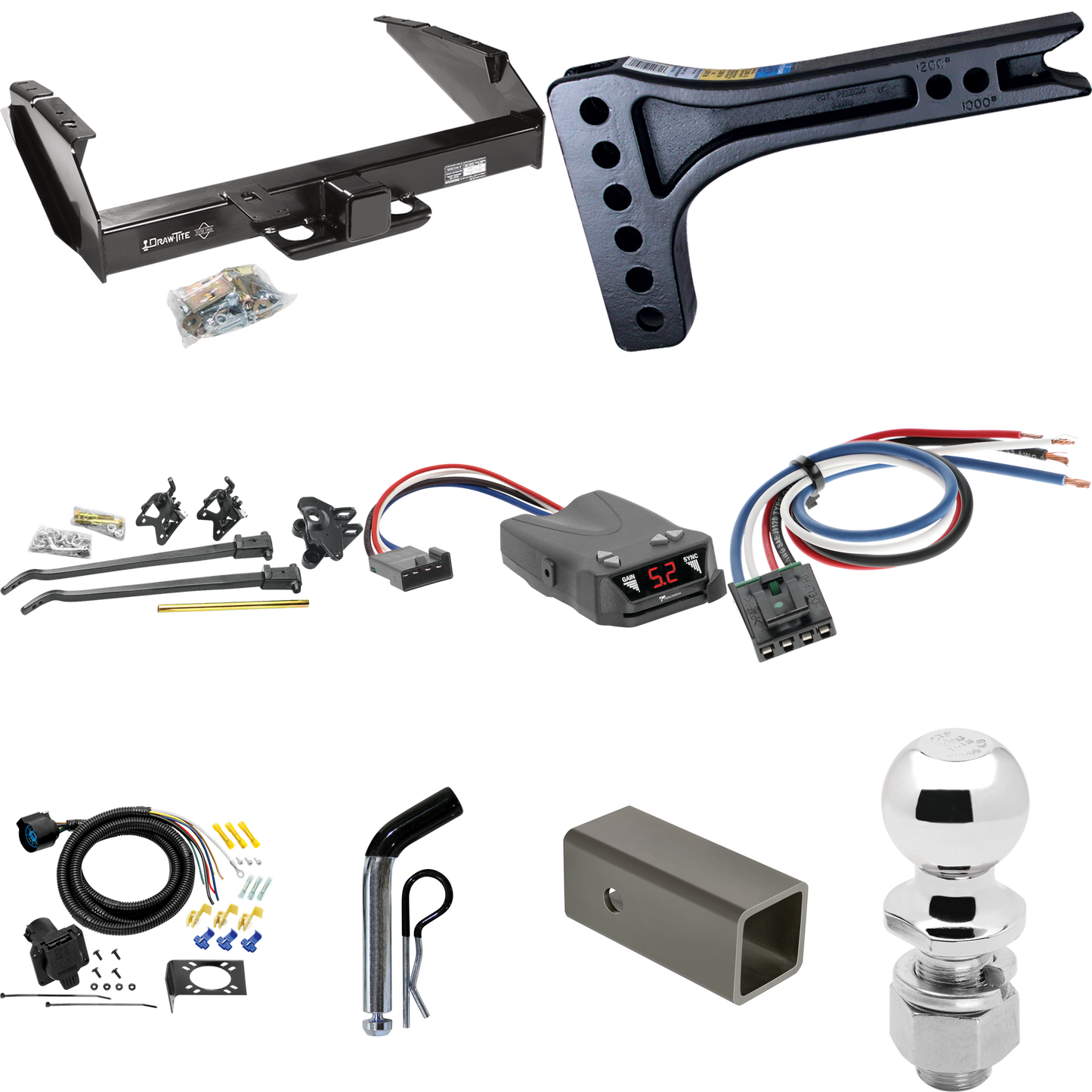 Fits 1980-1986 Ford F-350 Trailer Hitch Tow PKG w/ 15K Trunnion Bar Weight Distribution Hitch + Pin/Clip + 2-5/16" Ball + Tekonsha Brakeman IV Brake Control + Generic BC Wiring Adapter + 7-Way RV Wiring (Excludes: w/Custom Fascia Models) By Draw-Tite