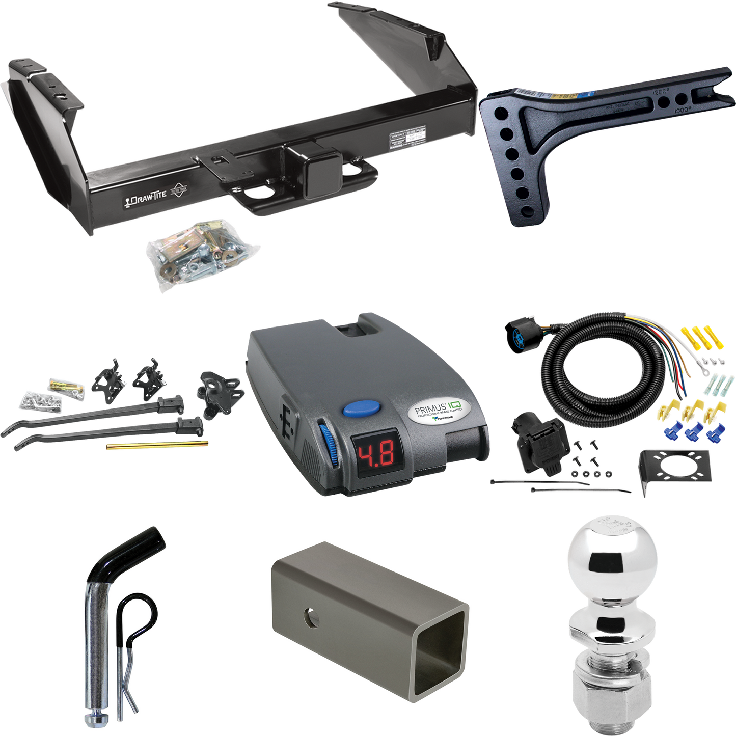 Fits 1980-1986 Ford F-350 Trailer Hitch Tow PKG w/ 15K Trunnion Bar Weight Distribution Hitch + Pin/Clip + 2-5/16" Ball + Tekonsha Primus IQ Brake Control + 7-Way RV Wiring (Excludes: w/Custom Fascia Models) By Draw-Tite