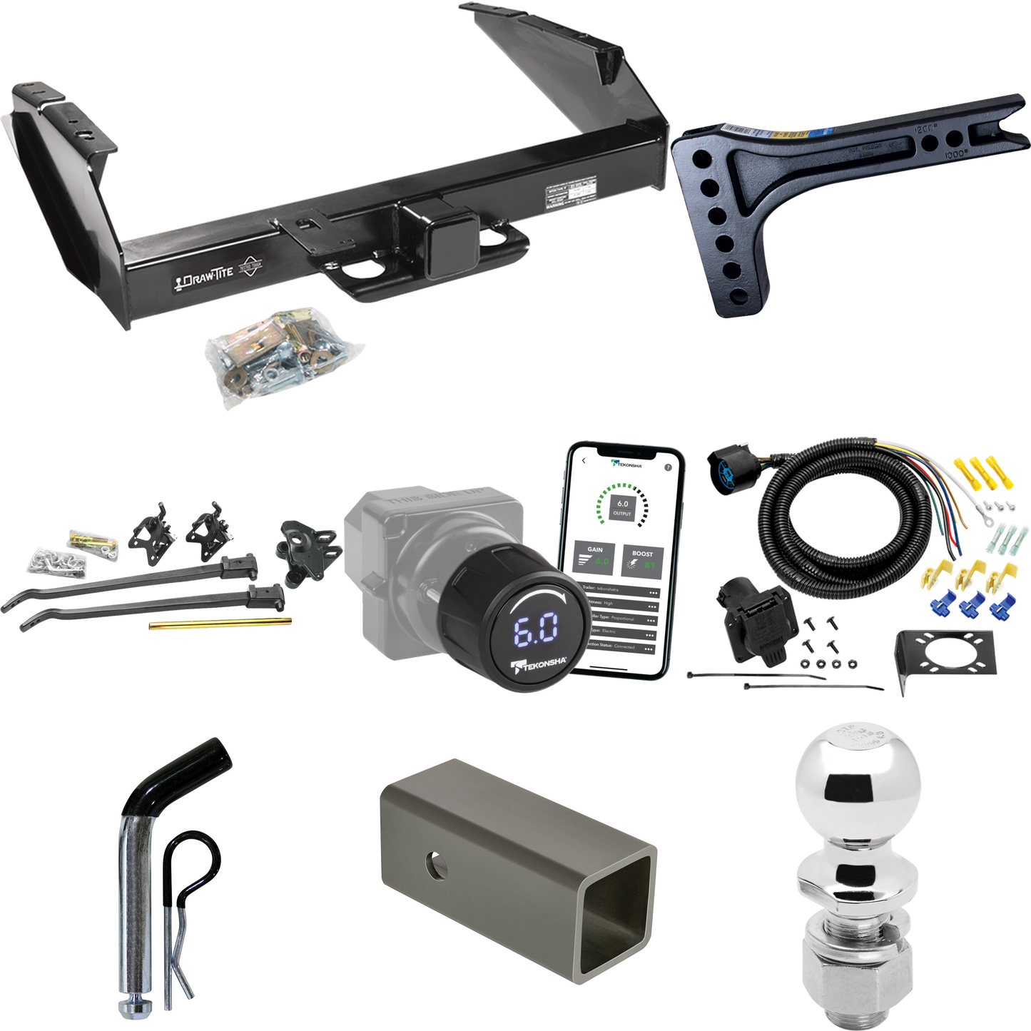 Fits 1980-1986 Ford F-350 Trailer Hitch Tow PKG w/ 15K Trunnion Bar Weight Distribution Hitch + Pin/Clip + 2-5/16" Ball + Tekonsha Prodigy iD Bluetooth Wireless Brake Control + 7-Way RV Wiring (Excludes: w/Custom Fascia Models) By Draw-Tite