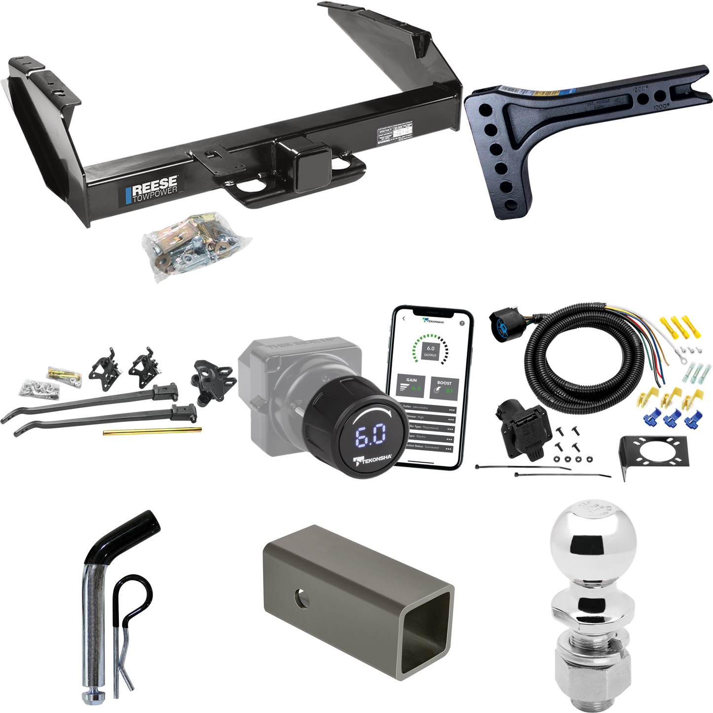 Fits 1987-1993 Ford F-350 Trailer Hitch Tow PKG w/ 15K Trunnion Bar Weight Distribution Hitch + Pin/Clip + 2-5/16" Ball + Tekonsha Prodigy iD Bluetooth Wireless Brake Control + 7-Way RV Wiring By Reese Towpower