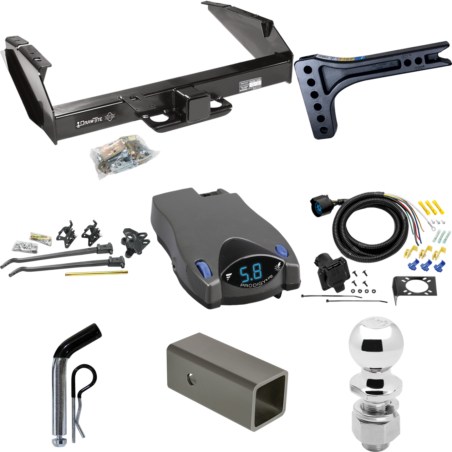 Fits 1980-1986 Ford F-350 Trailer Hitch Tow PKG w/ 15K Trunnion Bar Weight Distribution Hitch + Pin/Clip + 2-5/16" Ball + Tekonsha Prodigy P2 Brake Control + 7-Way RV Wiring (Excludes: w/Custom Fascia Models) By Draw-Tite