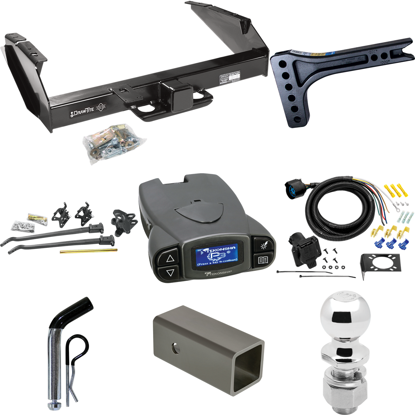 Fits 1980-1986 Ford F-350 Trailer Hitch Tow PKG w/ 15K Trunnion Bar Weight Distribution Hitch + Pin/Clip + 2-5/16" Ball + Tekonsha Prodigy P3 Brake Control + 7-Way RV Wiring (Excludes: w/Custom Fascia Models) By Draw-Tite