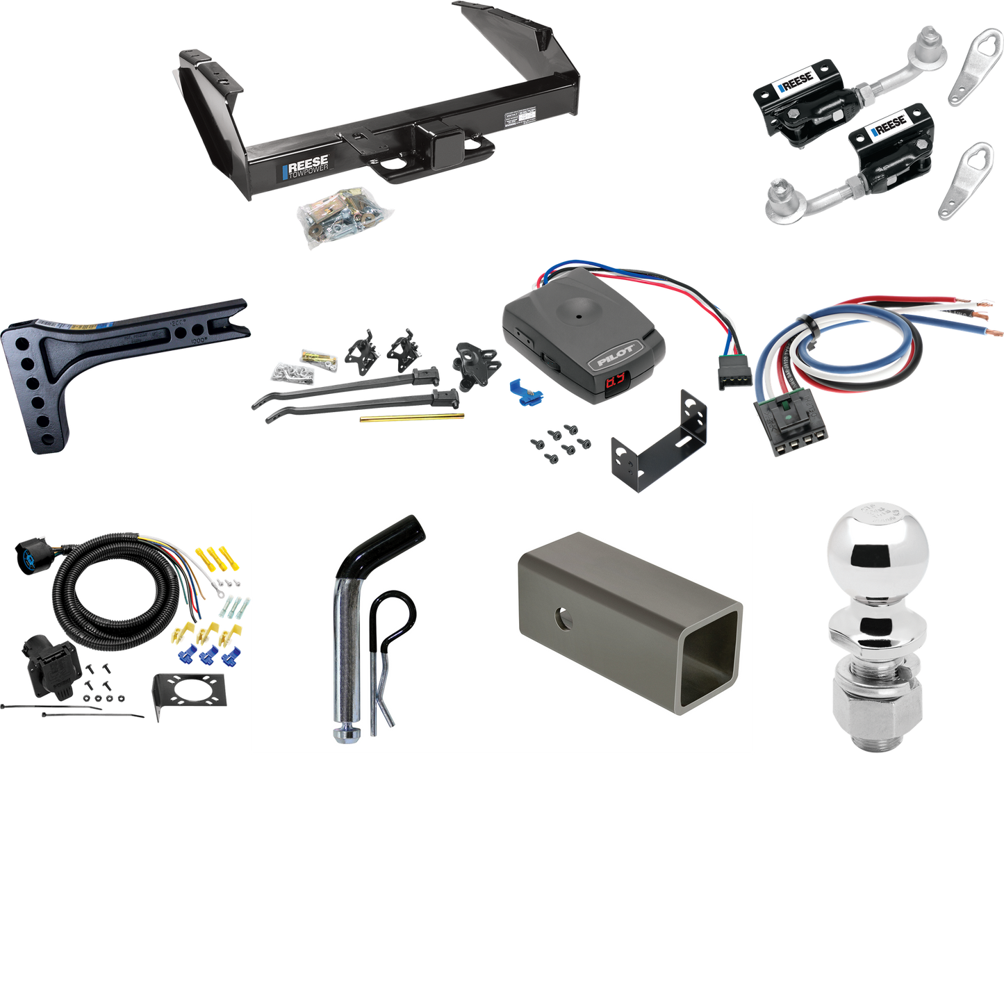 Fits 1987-1993 Ford F-250 Trailer Hitch Tow PKG w/ 15K Trunnion Bar Weight Distribution Hitch + Pin/Clip + Dual Cam Sway Control + 2-5/16" Ball + Pro Series Pilot Brake Control + Generic BC Wiring Adapter + 7-Way RV Wiring By Reese Towpower