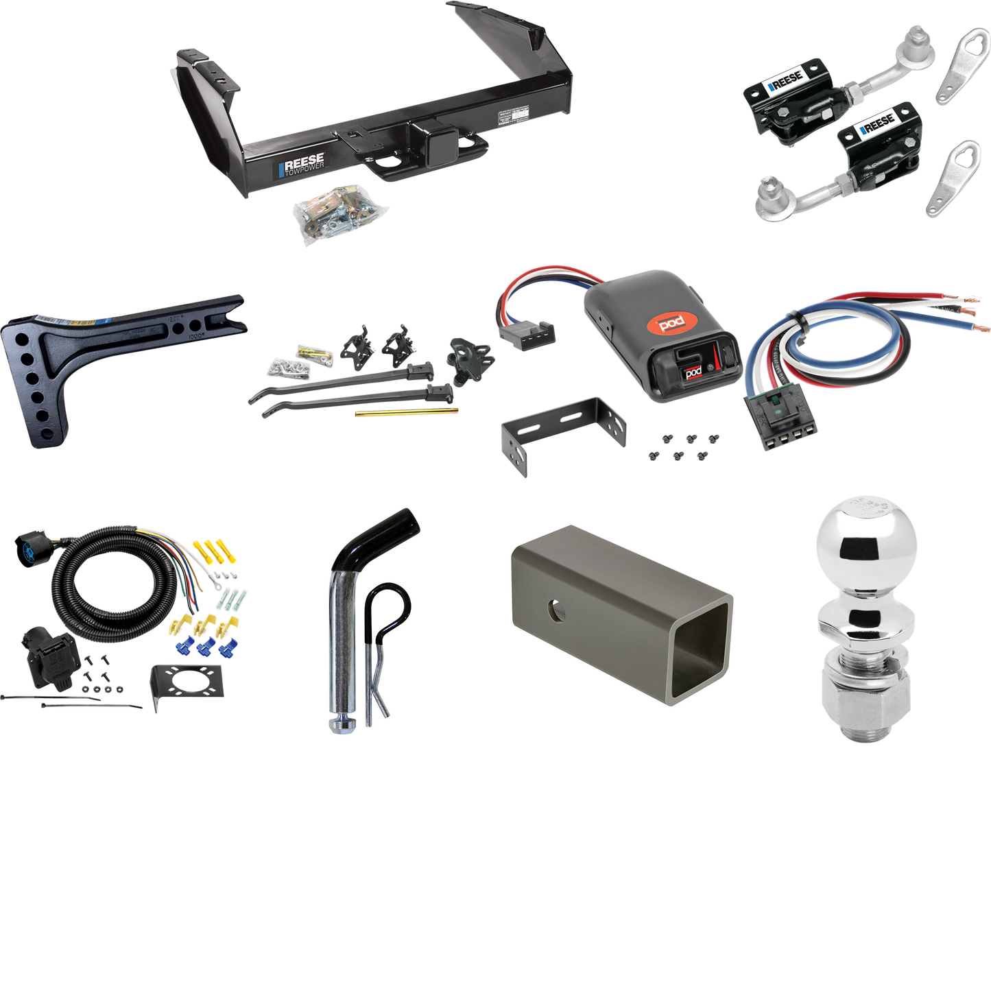 Fits 1987-1993 Ford F-350 Trailer Hitch Tow PKG w/ 15K Trunnion Bar Weight Distribution Hitch + Pin/Clip + Dual Cam Sway Control + 2-5/16" Ball + Pro Series POD Brake Control + Generic BC Wiring Adapter + 7-Way RV Wiring By Reese Towpower