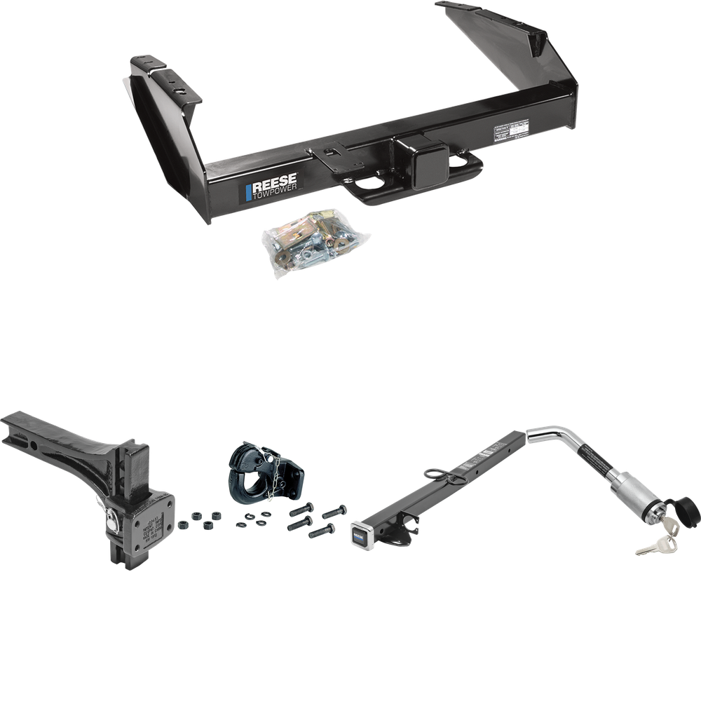 Fits 1980-1986 Ford F-250 Trailer Hitch Tow PKG w/ 2-1/2" to 2" Adapter 24" Length + Adjustable Pintle Hook Mounting Plate + 20K Pintle Hook + Hitch Lock (Excludes: w/Custom Fascia Models) By Reese Towpower