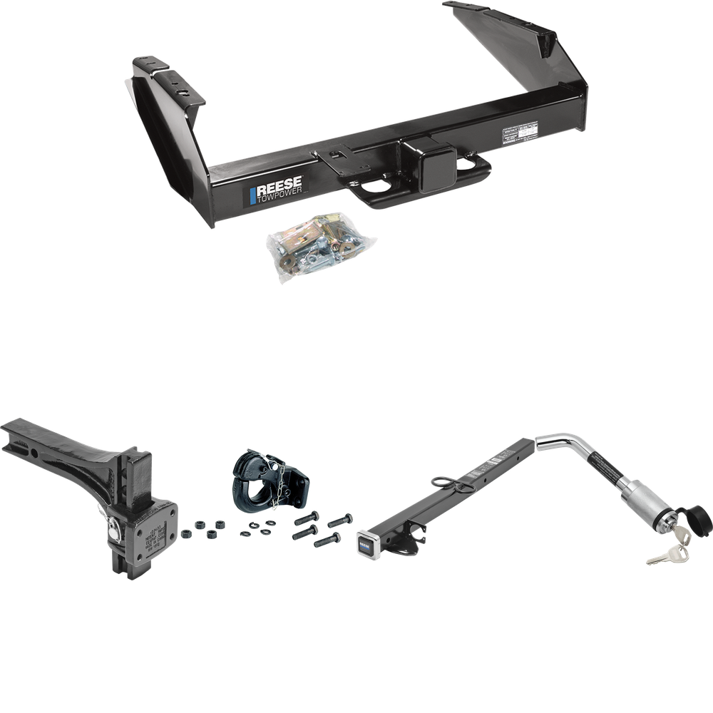 Fits 1987-1996 Ford F-350 Trailer Hitch Tow PKG w/ 2-1/2" to 2" Adapter 24" Length + Adjustable Pintle Hook Mounting Plate + 20K Pintle Hook + Hitch Lock By Reese Towpower