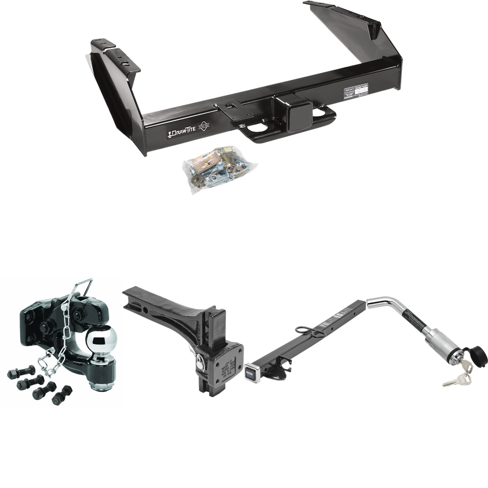 Fits 1987-1996 Ford F-250 Trailer Hitch Tow PKG w/ 2-1/2" to 2" Adapter 24" Length + Adjustable Pintle Hook Mounting Plate + Pintle Hook & 2-5/16" Ball Combination + Hitch Lock By Draw-Tite