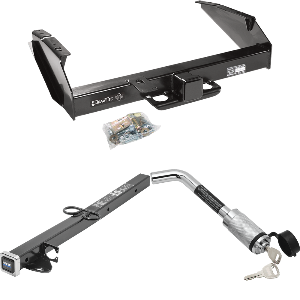 Fits 1980-1986 Ford F-350 Trailer Hitch Tow PKG w/ 2-1/2" to 2" Adapter 24" Length + Hitch Lock (Excludes: w/Custom Fascia Models) By Draw-Tite