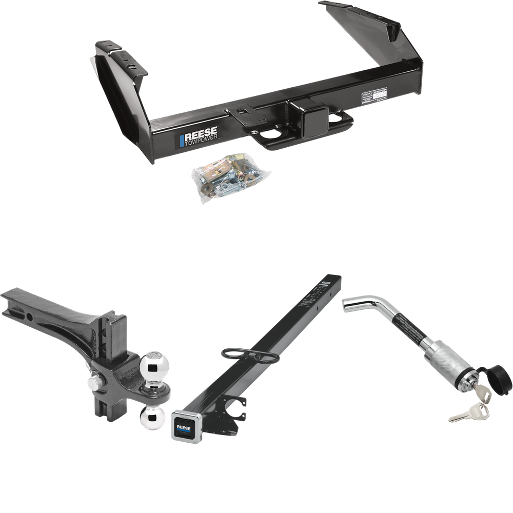 Fits 1987-1996 Ford F-250 Trailer Hitch Tow PKG w/ 2-1/2" to 2" Adapter 41" Length + Adjustable Drop Rise Dual Ball Ball Mount 2" & 2-5/16" Trailer Balls + Hitch Lock By Reese Towpower