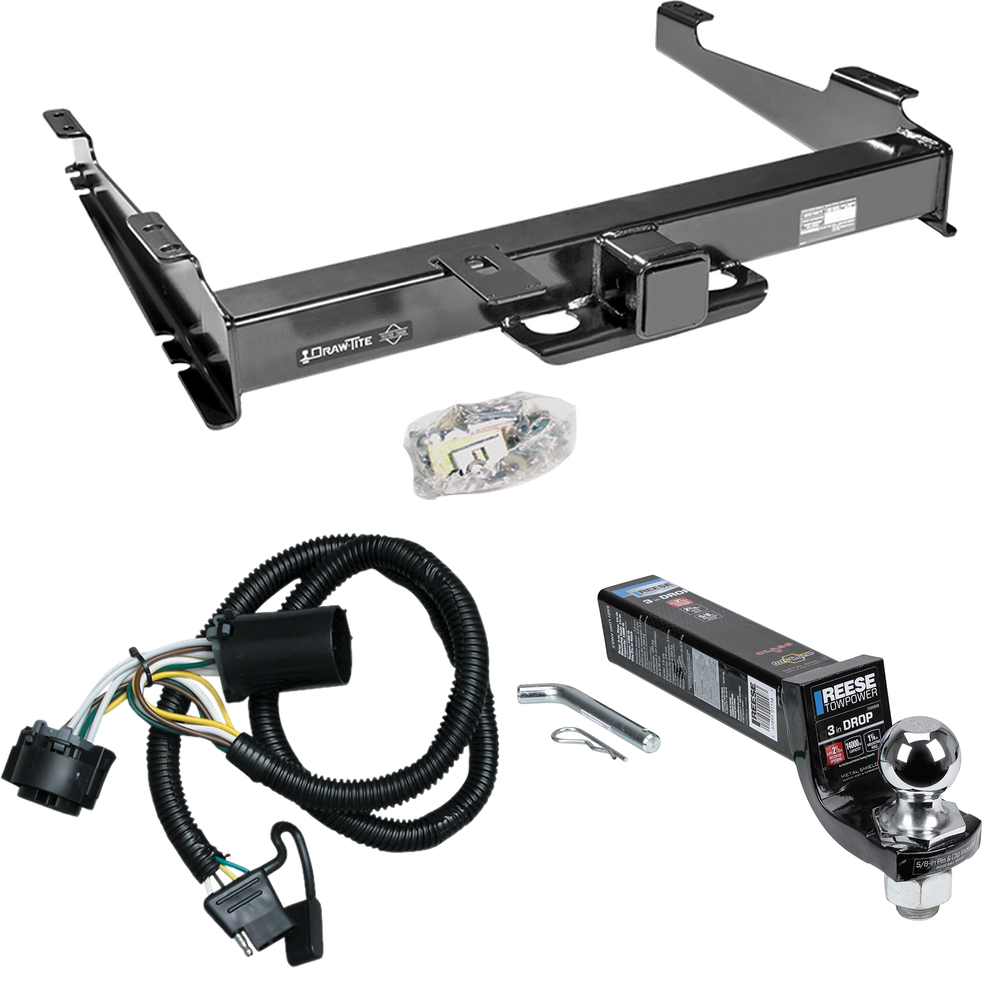 Fits 2000-2006 GMC Yukon XL 2500 Trailer Hitch Tow PKG w/ 4-Flat Wiring Harness + Interlock Ball Mount Starter Kit 3" Drop w/ 2" Ball By Draw-Tite