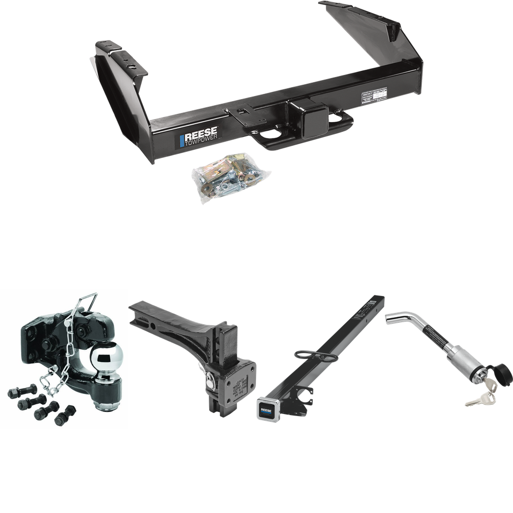 Fits 1987-1996 Ford F-350 Trailer Hitch Tow PKG w/ 2-1/2" to 2" Adapter 41" Length + Adjustable Pintle Hook Mounting Plate + Pintle Hook & 2-5/16" Ball Combination + Hitch Lock By Reese Towpower